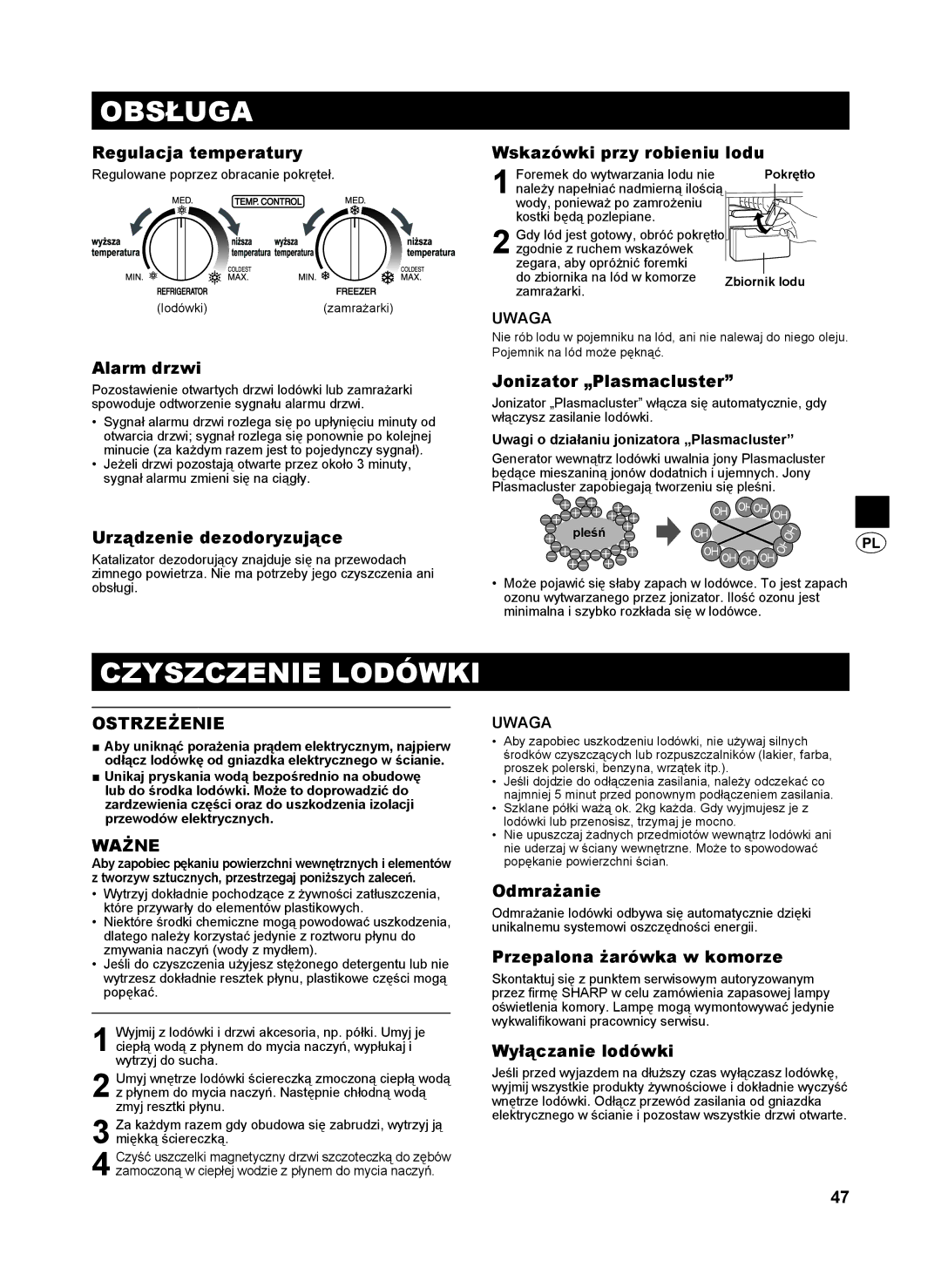 Sharp SJ-GC440V, SJ-SC480V, SJ-SC440V, SJ-GC480V operation manual Obsługa, Czyszczenie Lodówki, Ważne 