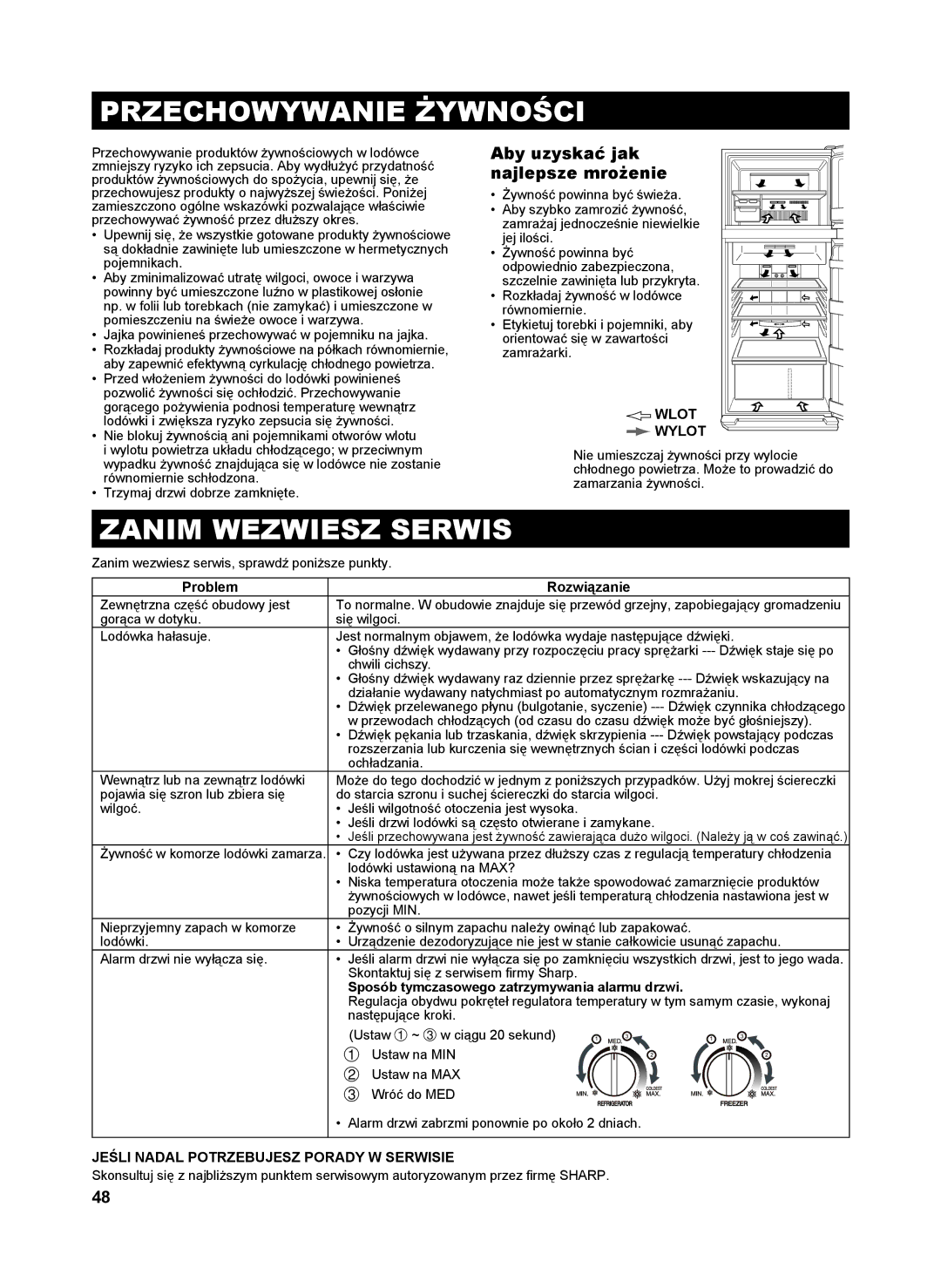 Sharp SJ-SC480V, SJ-SC440V Przechowywanie Żywności, Zanim Wezwiesz Serwis, Aby uzyskać jak najlepsze mrożenie, Wlot Wylot 