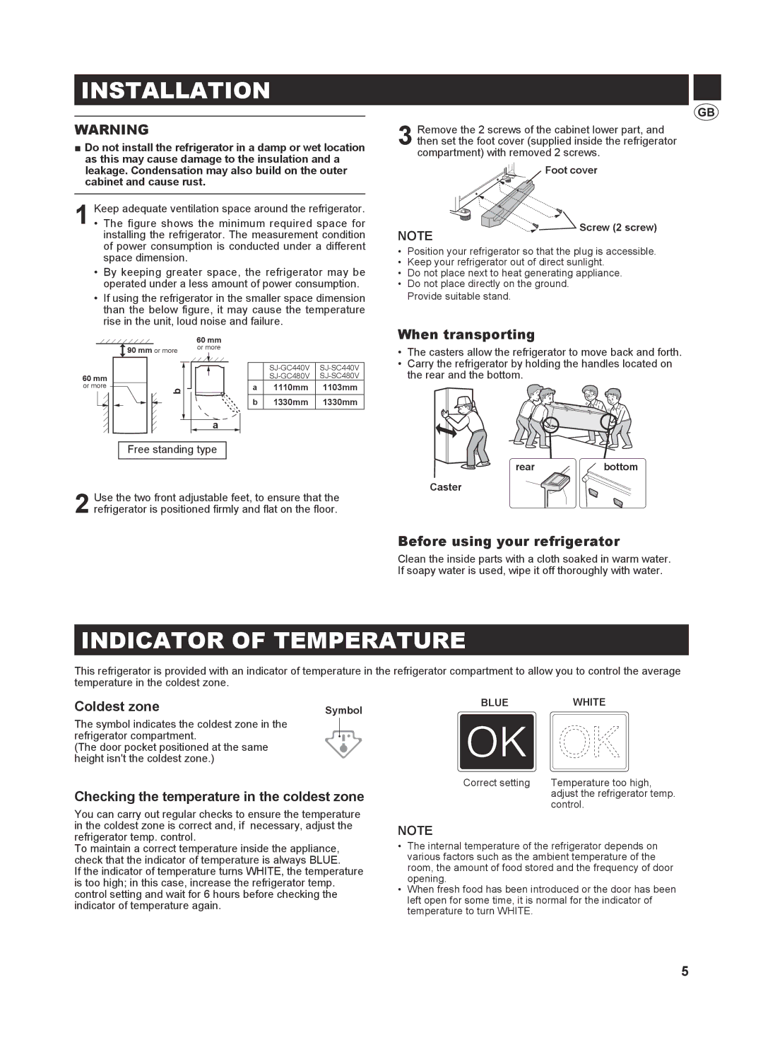 Sharp SJ-SC440V, SJ-SC480V, SJ-GC480V, SJ-GC440V operation manual Installation, Indicator of Temperature 