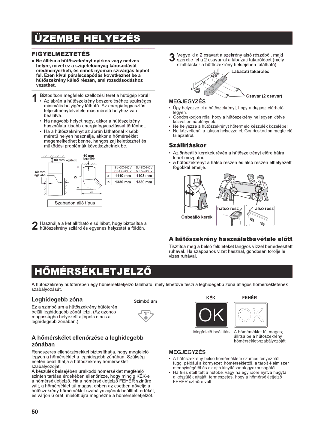 Sharp SJ-GC480V, SJ-SC480V, SJ-SC440V, SJ-GC440V operation manual Üzembe Helyezés, Hőmérsékletjelző, Figyelmeztetés 