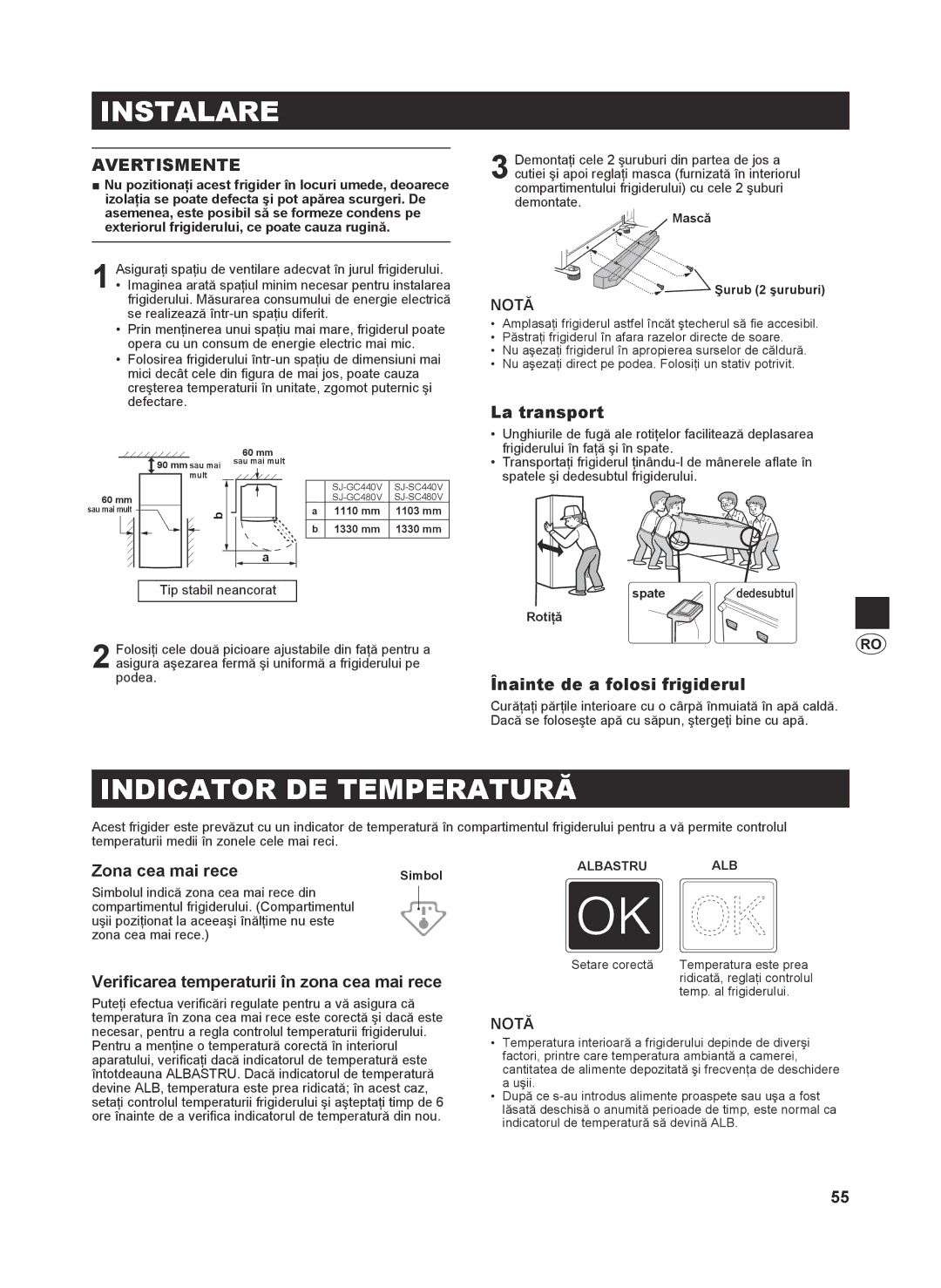 Sharp SJ-GC440V, SJ-SC480V, SJ-SC440V, SJ-GC480V operation manual Instalare, Indicator DE Temperatură, Avertismente 