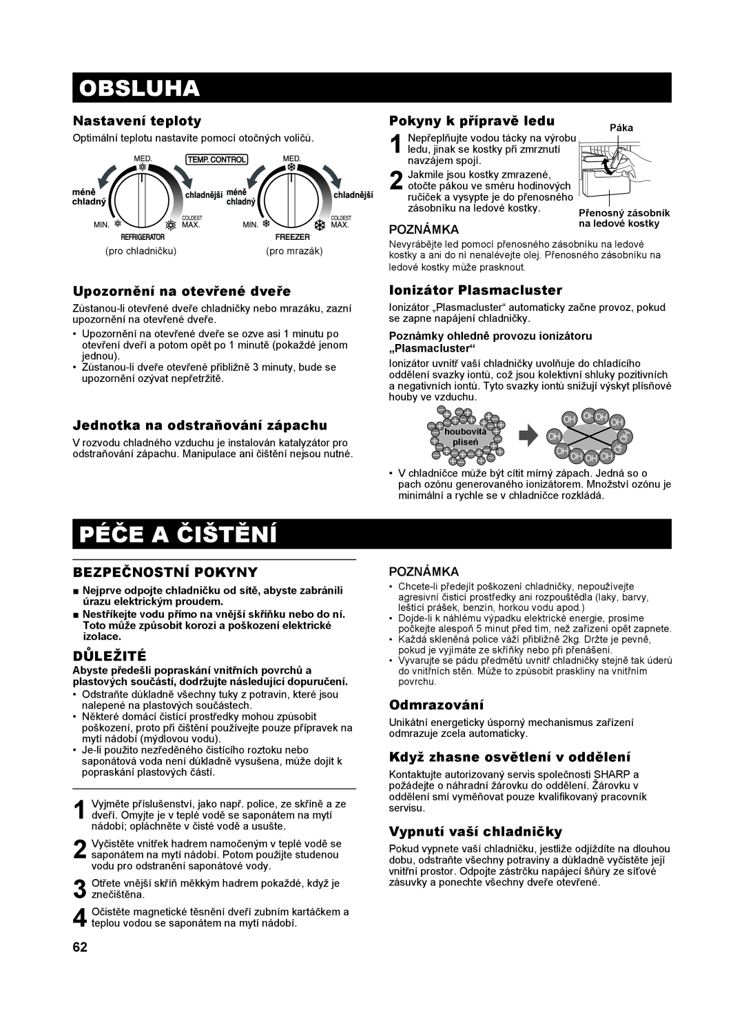 Sharp SJ-GC480V, SJ-SC480V, SJ-SC440V, SJ-GC440V operation manual Obsluha, Péče a Čištění, Důležité 