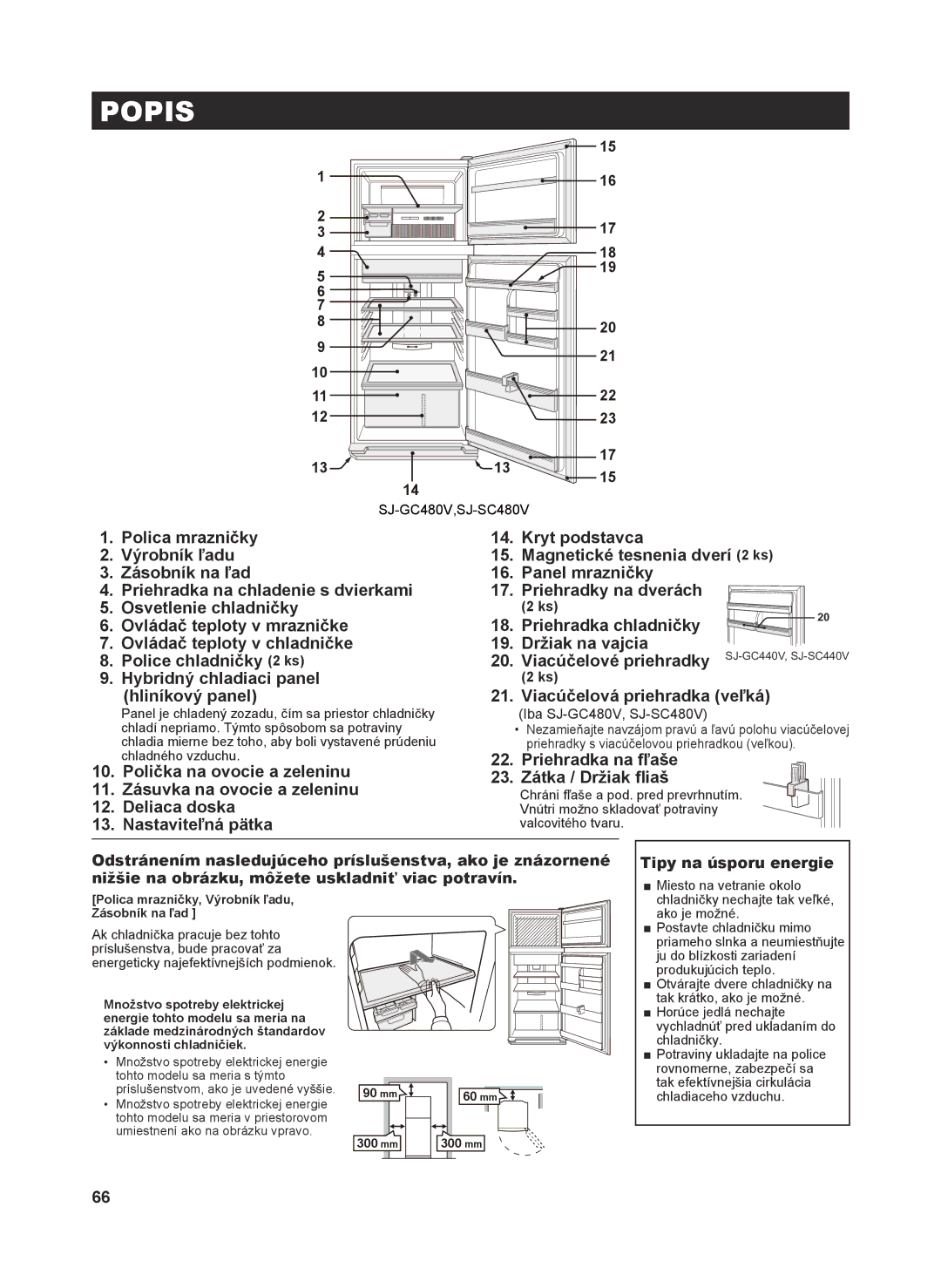 Sharp SJ-GC480V, SJ-SC480V Priehradka chladničky, Držiak na vajcia, Viacúčelové priehradky, Viacúčelová priehradka veľká 