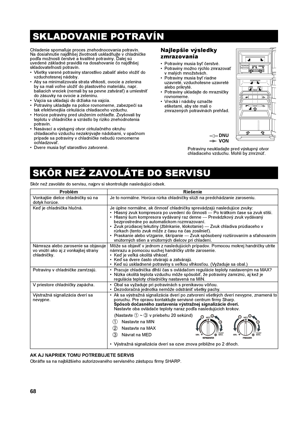 Sharp SJ-SC480V, SJ-SC440V Skladovanie Potravín, Skôr NEŽ Zavoláte do Servisu, Najlepšie výsledky zmrazovania, Dnu Von 