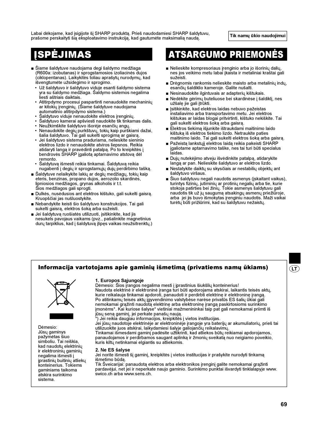 Sharp SJ-SC440V, SJ-SC480V, SJ-GC480V, SJ-GC440V Įspėjimas, Tik namų ūkio naudojimui, Europos Sąjungoje, Ne ES šalyse 