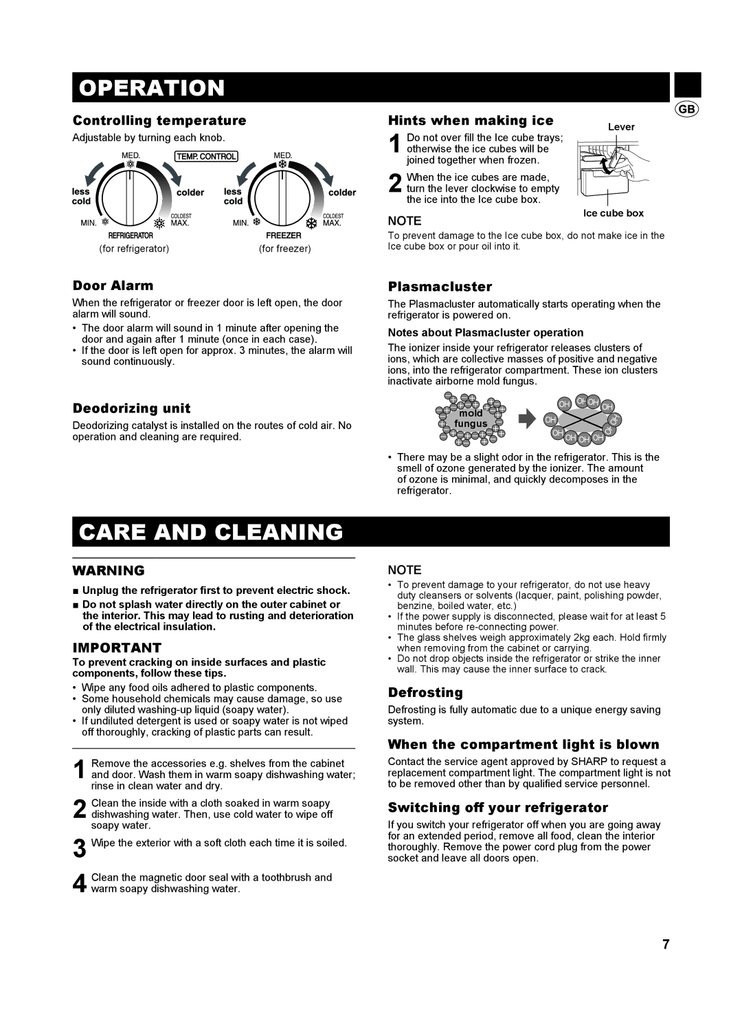 Sharp SJ-GC440V, SJ-SC480V, SJ-SC440V, SJ-GC480V operation manual Operation, Care and Cleaning 