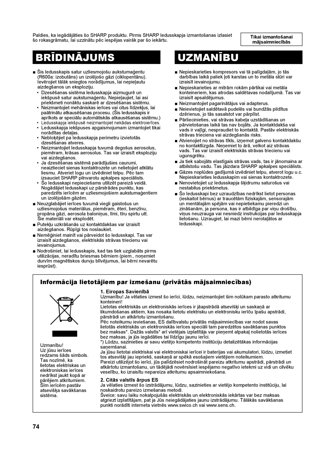 Sharp SJ-GC480V Brīdinājums Uzmanību, Eiropas Savienībā, Citās valstīs ārpus ES, Tikai izmantošanai mājsaimniecībās 