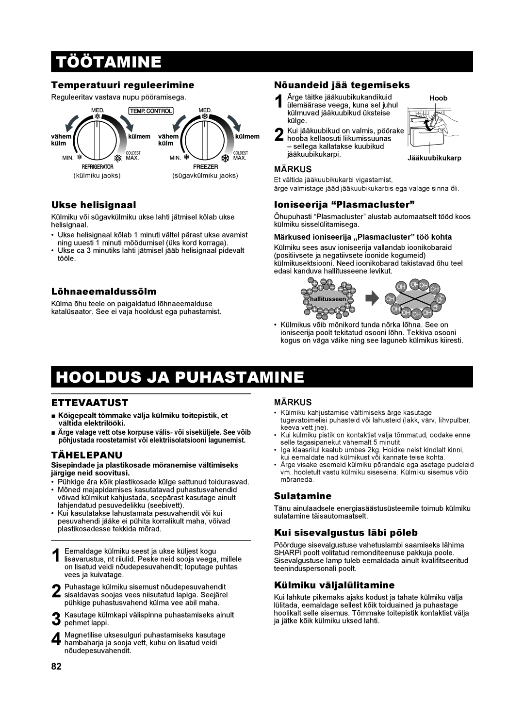 Sharp SJ-GC480V, SJ-SC480V, SJ-SC440V, SJ-GC440V operation manual Töötamine, Hooldus JA Puhastamine, Tähelepanu 