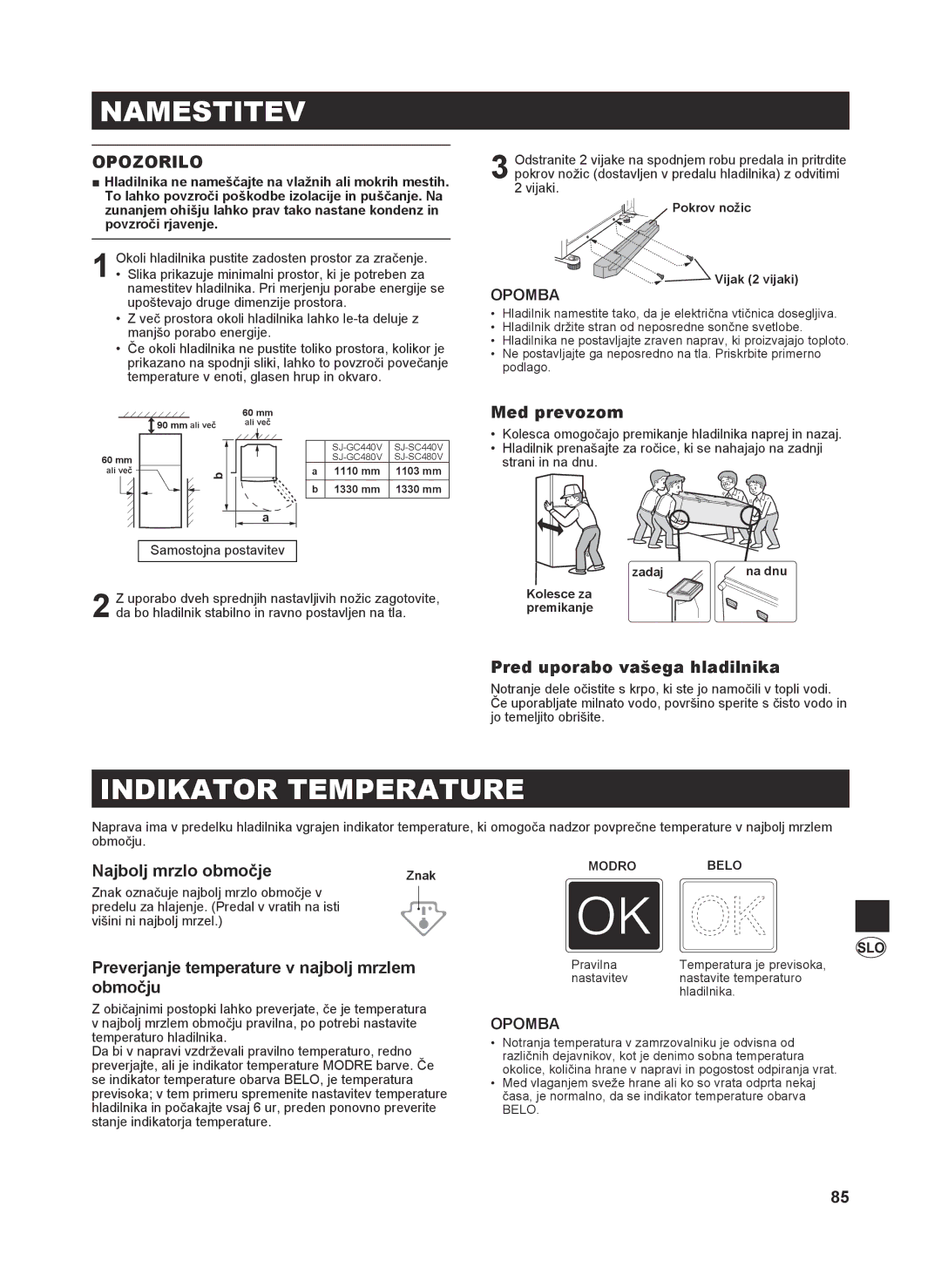 Sharp SJ-SC440V, SJ-SC480V, SJ-GC480V, SJ-GC440V operation manual Namestitev, Indikator Temperature, Opozorilo 