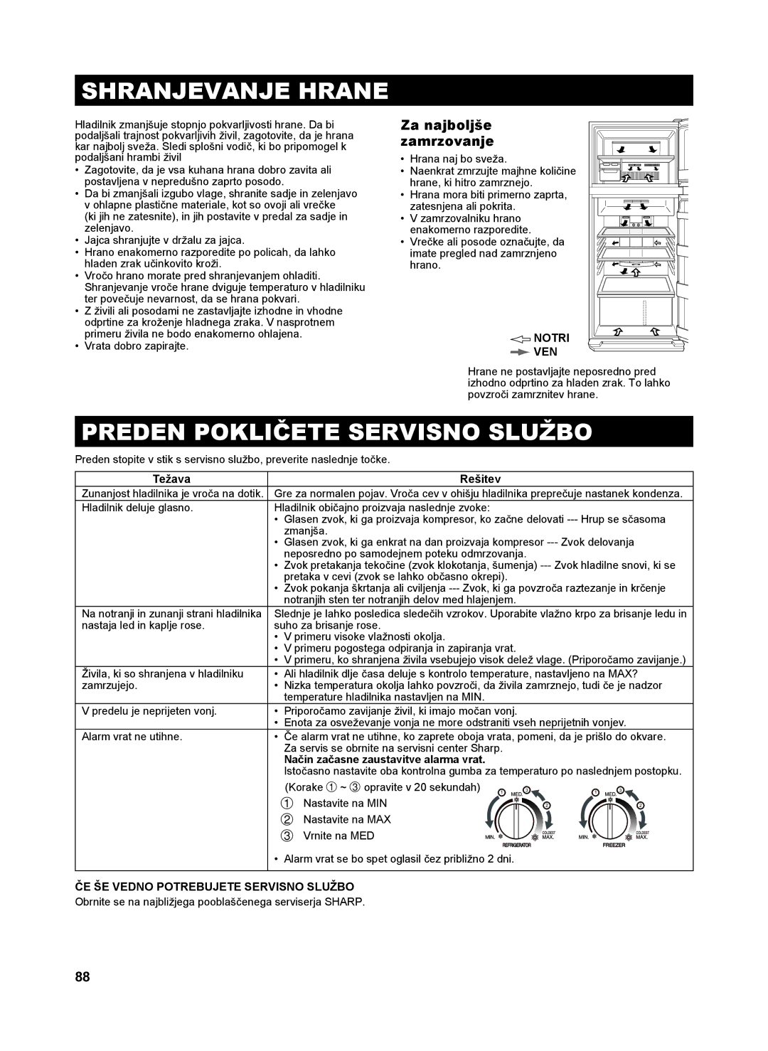 Sharp SJ-SC480V, SJ-SC440V Shranjevanje Hrane, Preden Pokličete Servisno Službo, Za najboljše zamrzovanje, Notri VEN 