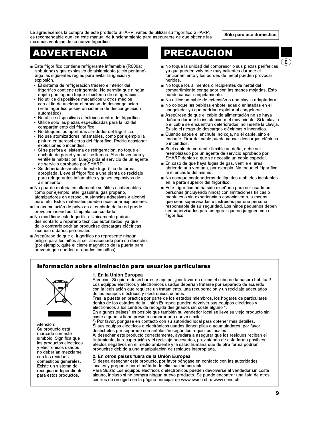 Sharp SJ-SC440V Advertencia Precaucion, Información sobre eliminación para usuarios particulares, Sólo para uso doméstico 