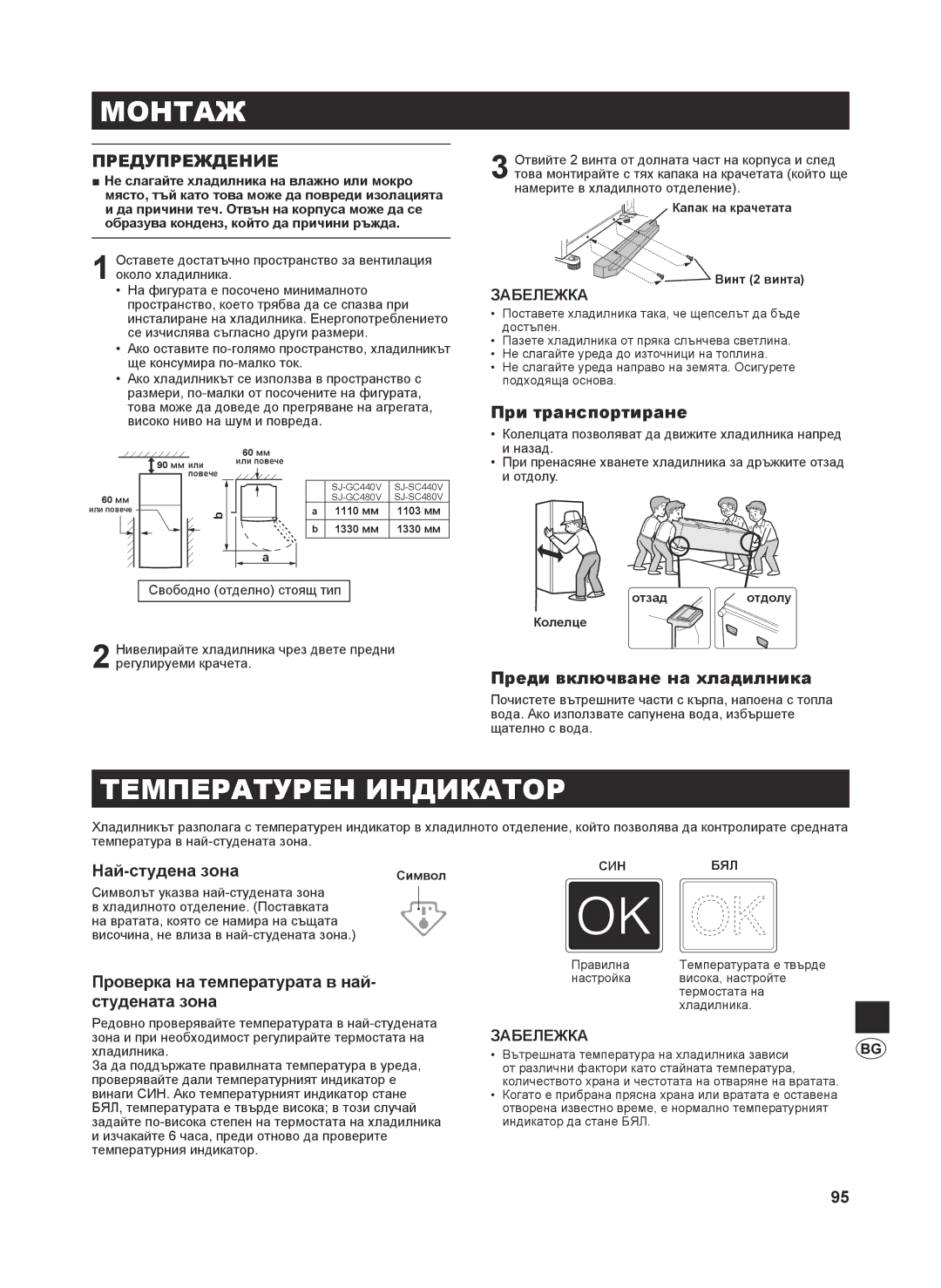 Sharp SJ-GC440V, SJ-SC480V, SJ-SC440V, SJ-GC480V operation manual Монтаж, Температурен Индикатор, Предупреждение 