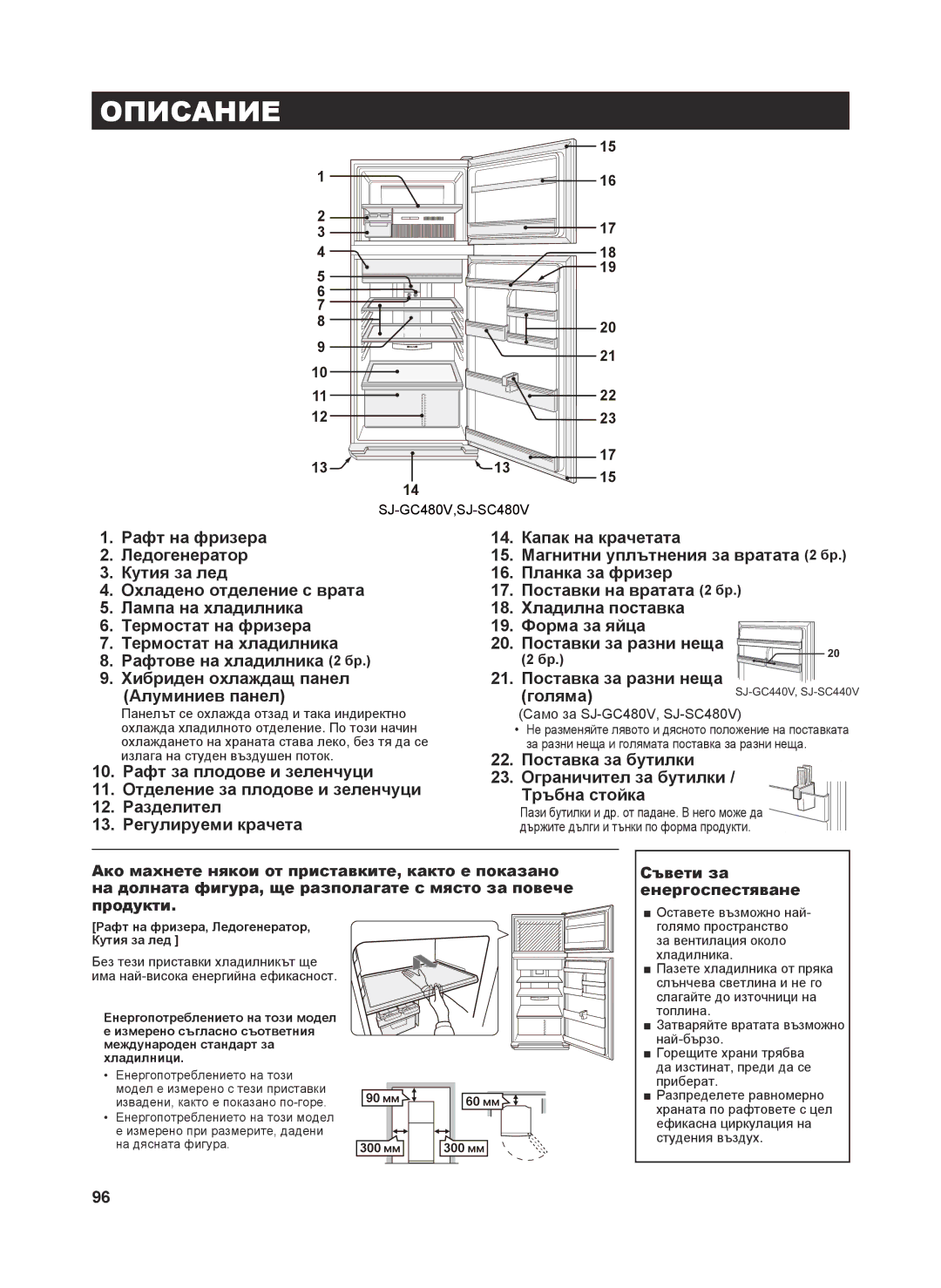 Sharp SJ-SC480V Описание, Форма за яйца, Поставки за разни неща, Поставка за разни неща Голяма, Съвети за енергоспестяване 