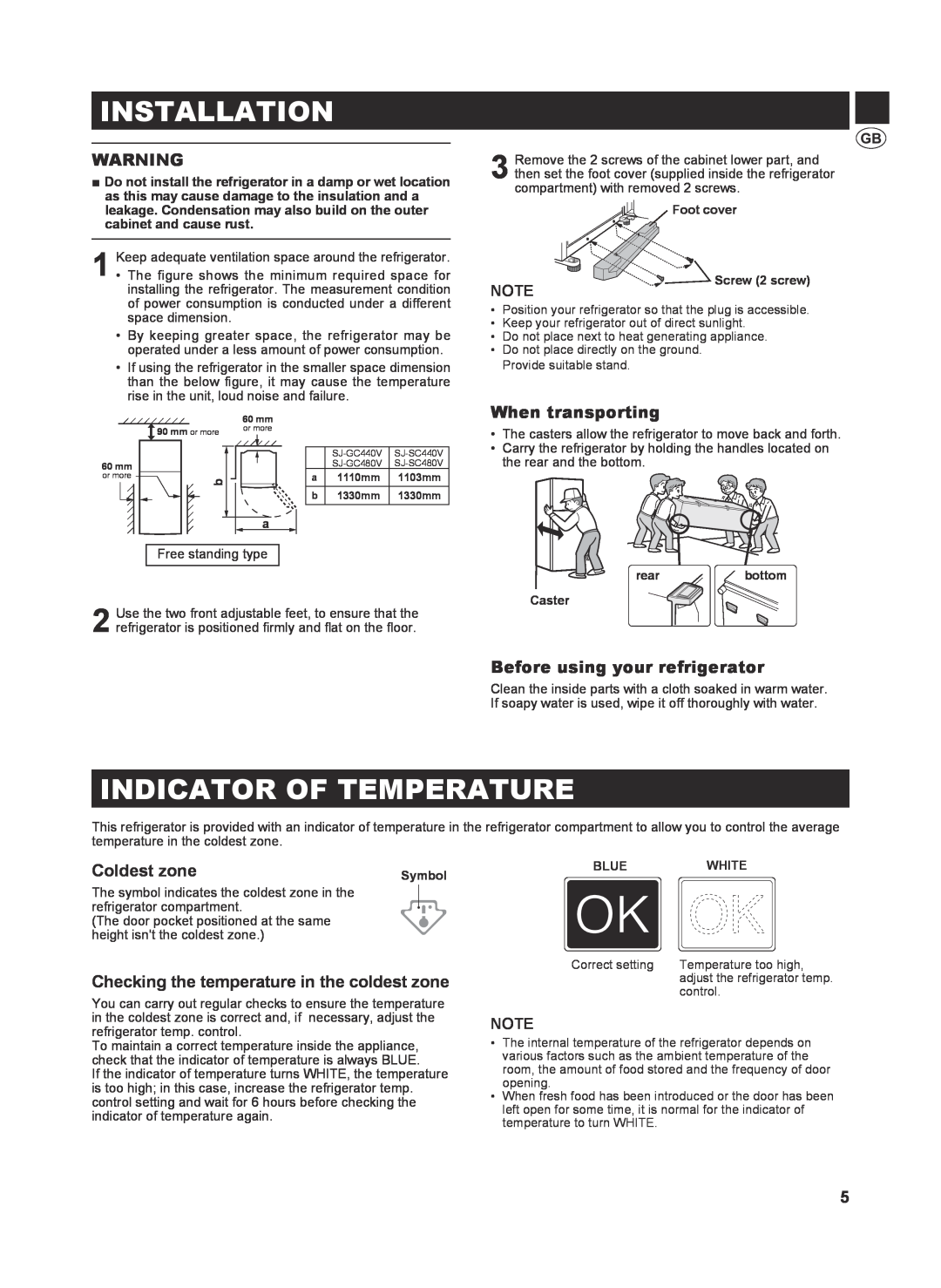 Sharp SJ-SC440V Installation, Indicator Of Temperature, When transporting, Before using your refrigerator, Coldest zone 