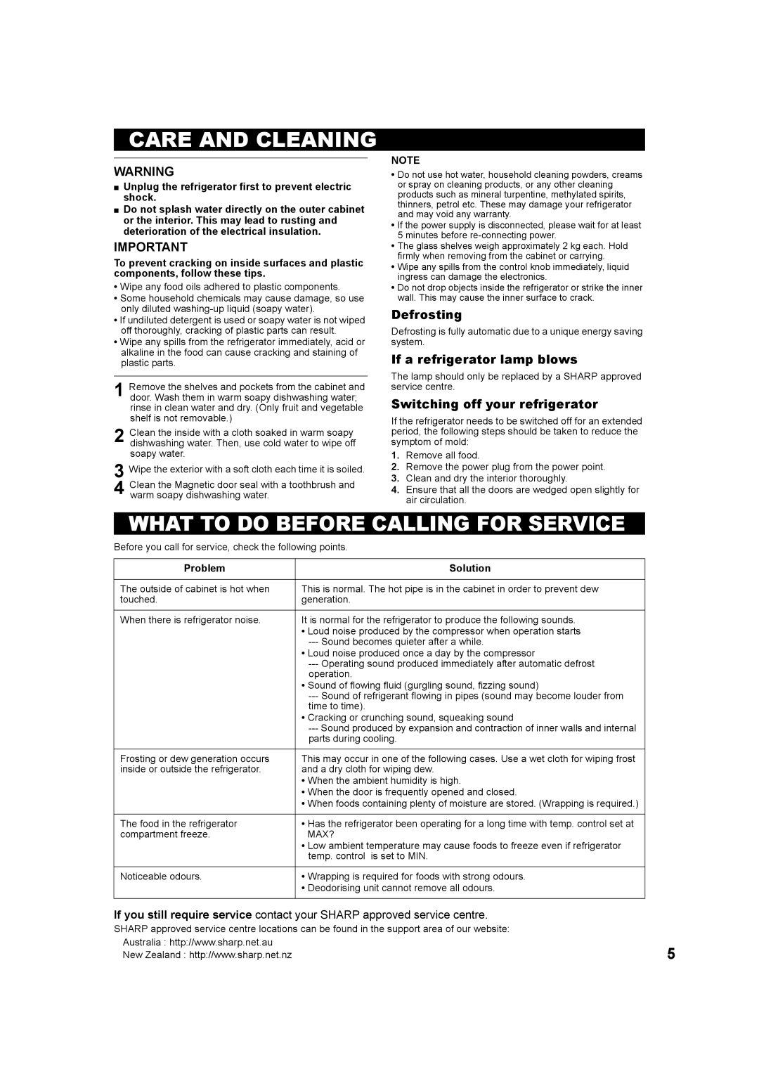 Sharp SJ-T431R Care and Cleaning, What to do Before Calling for Service, Defrosting, If a refrigerator lamp blows 