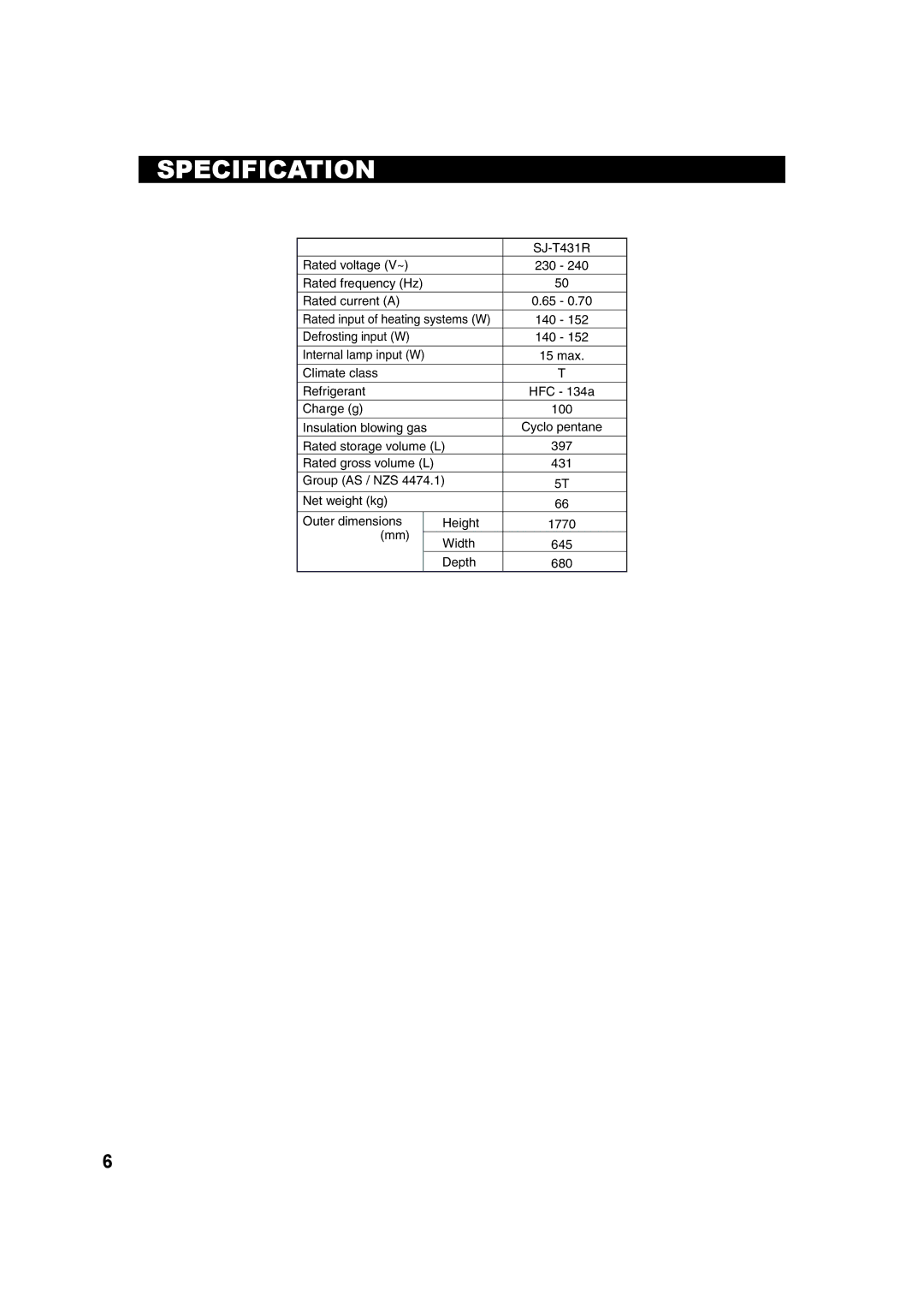 Sharp SJ-T431R operation manual Specification 