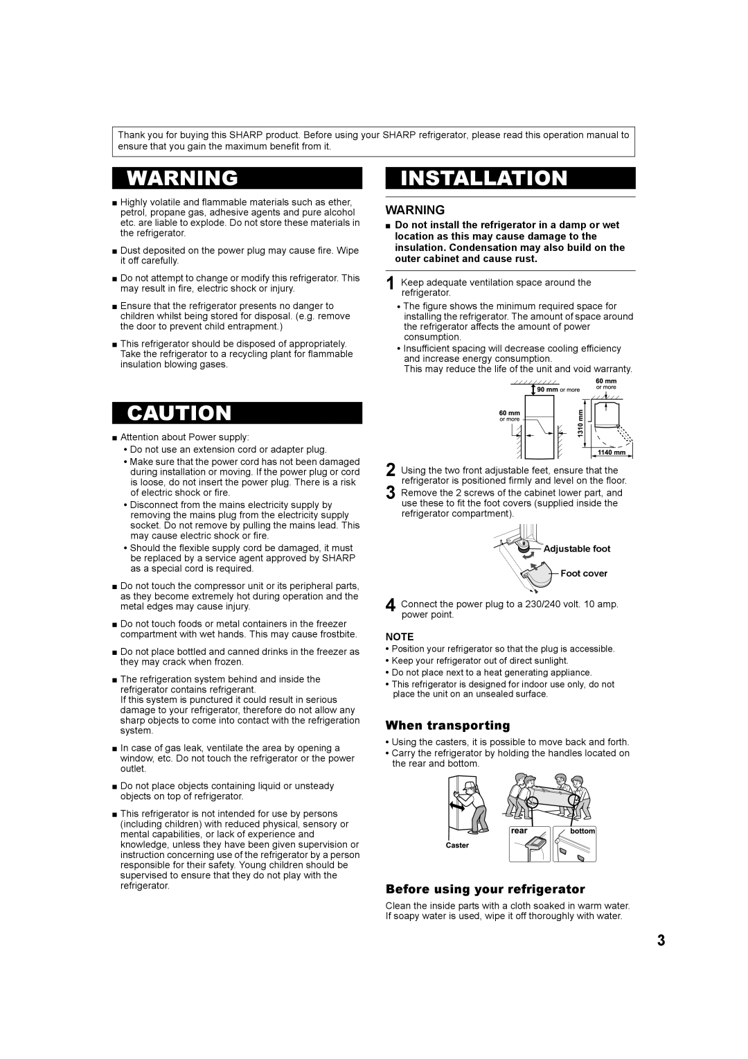 Sharp SJ-T431R operation manual Installation, When transporting, Before using your refrigerator 