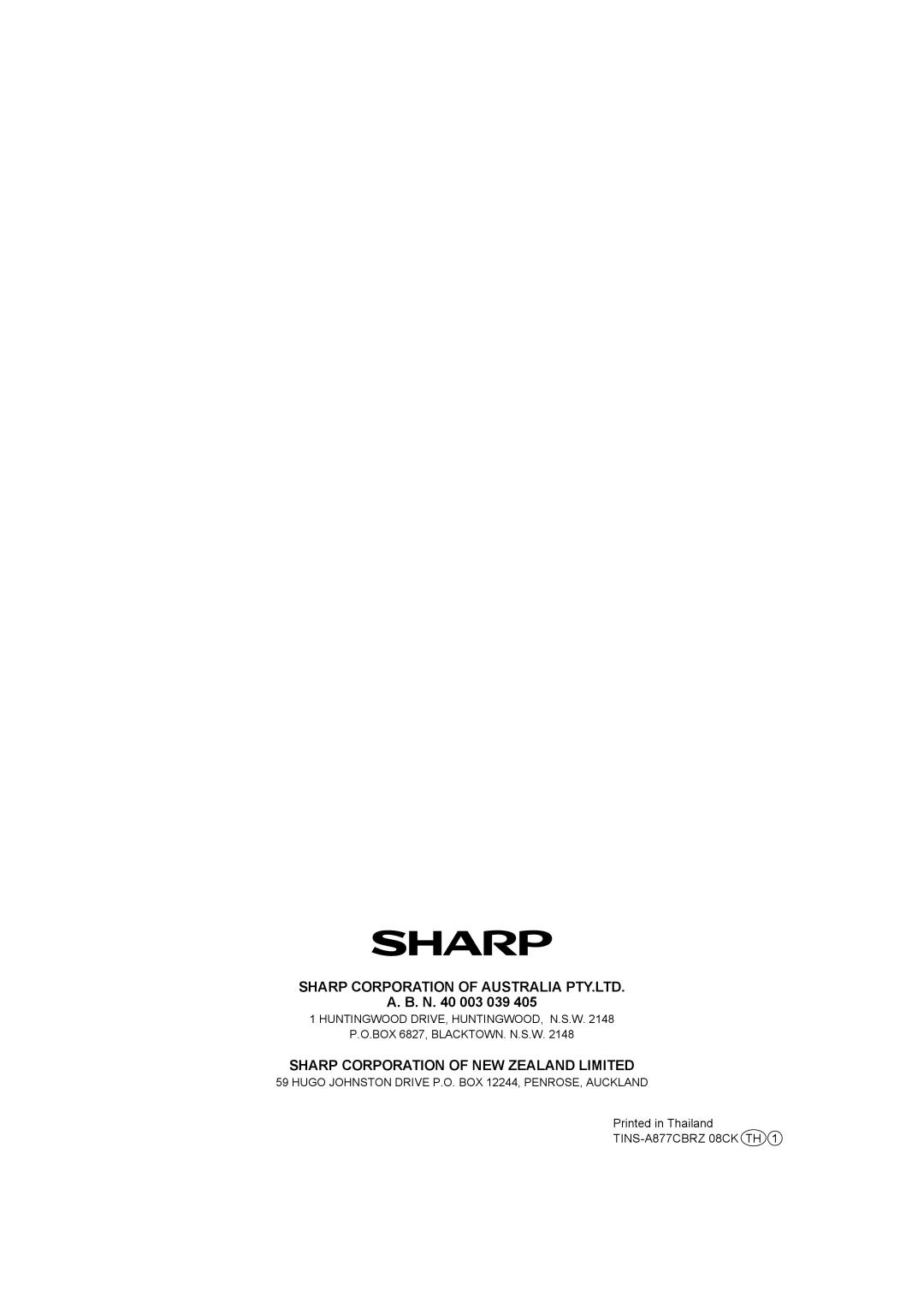 Sharp SJ-T431R operation manual A. B. N, Sharp Corporation Of New Zealand Limited 
