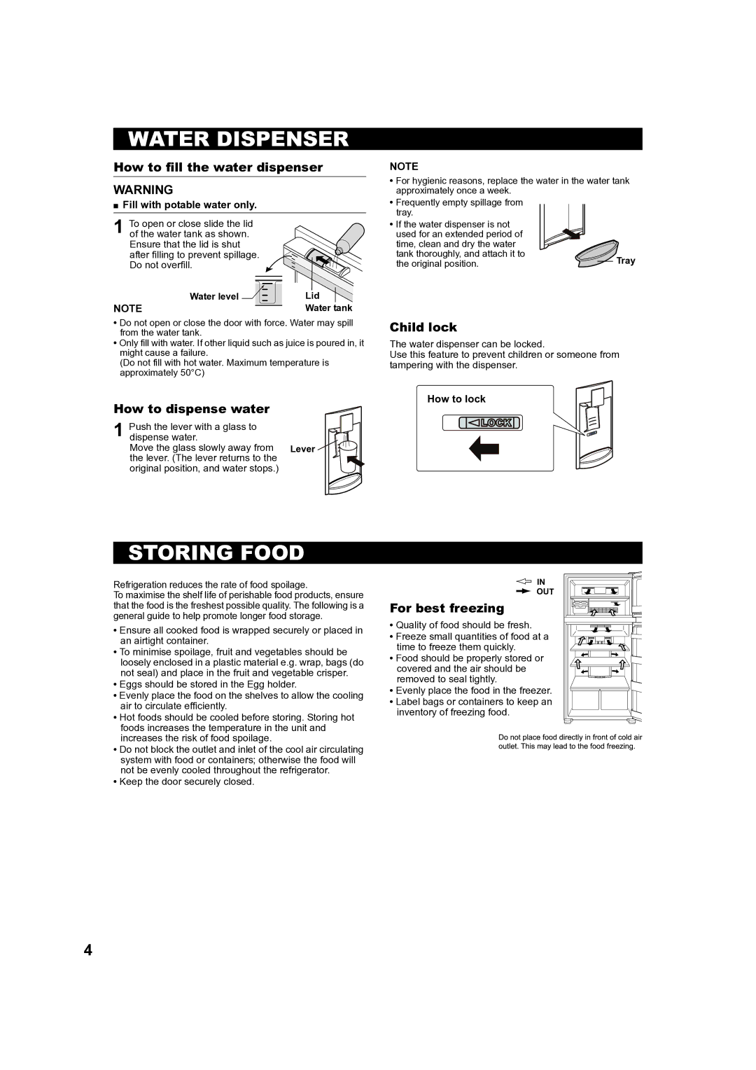 Sharp SJ-TD555S operation manual Water Dispenser, Storing Food 