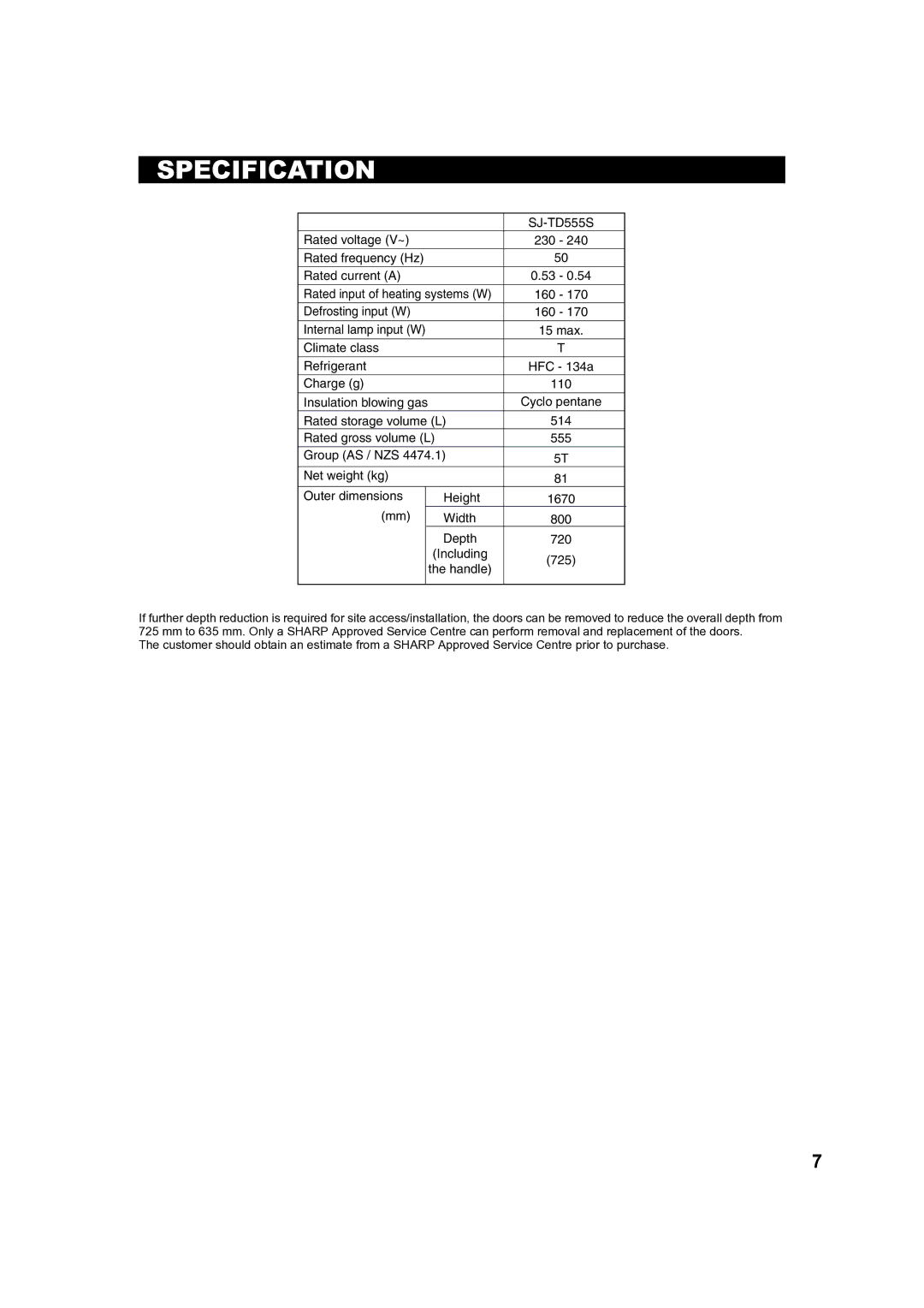 Sharp SJ-TD555S operation manual Specification 