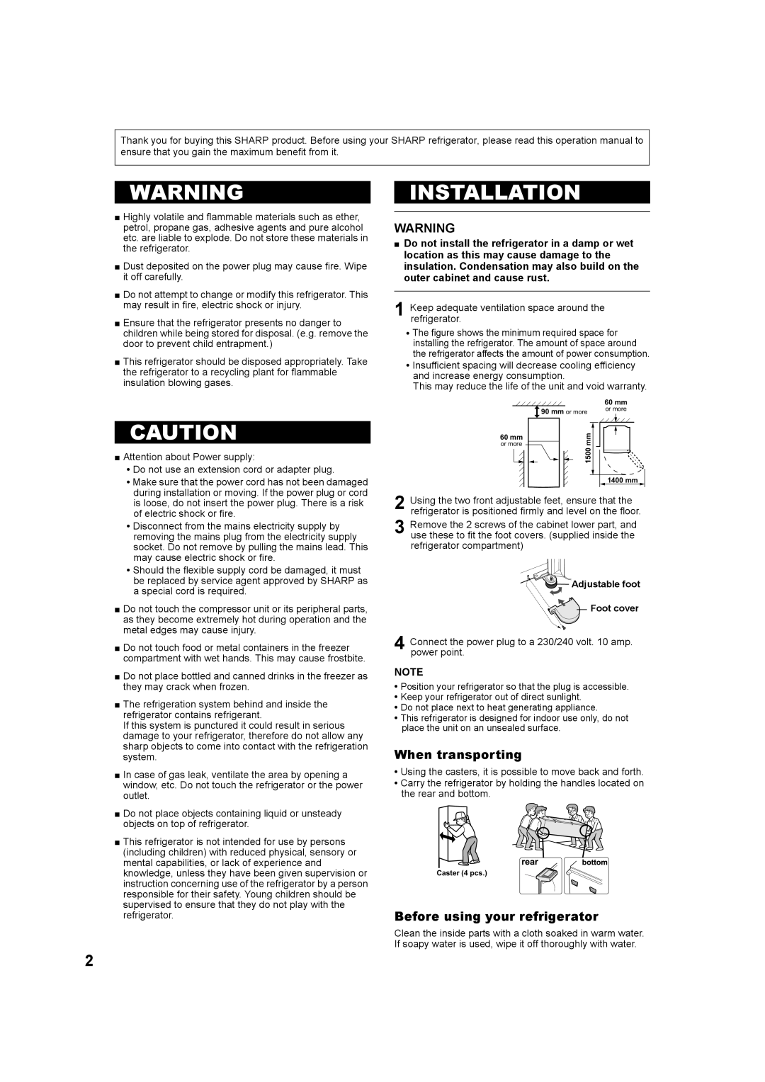 Sharp SJ-TD555S operation manual Installation, When transporting, Before using your refrigerator 