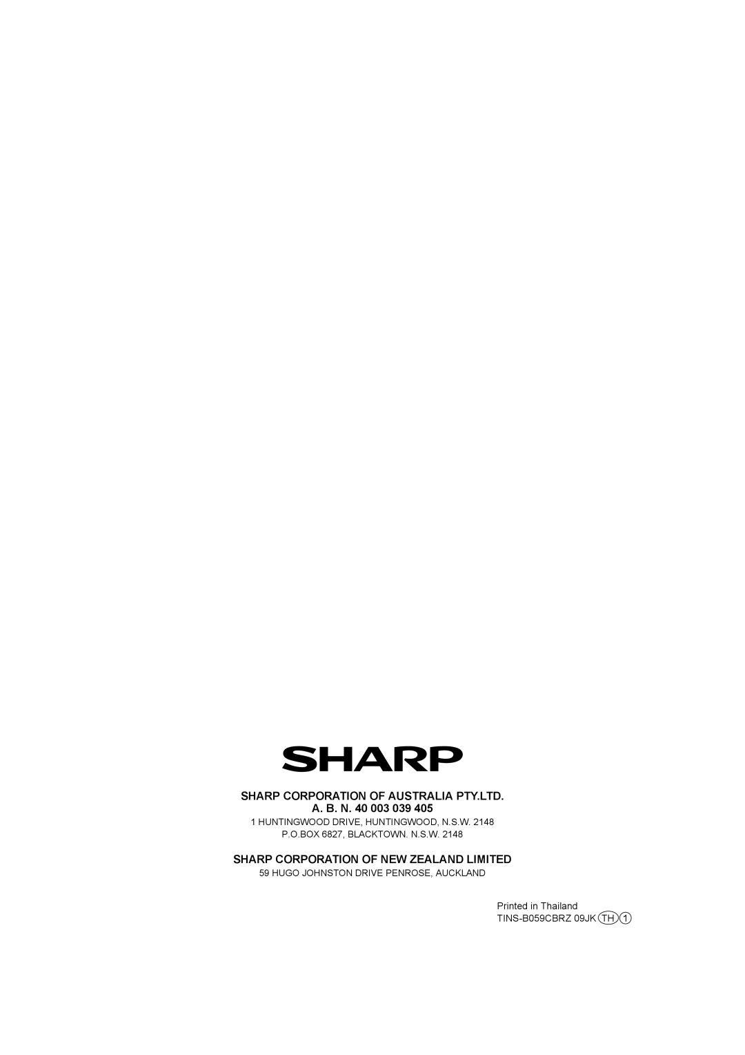 Sharp SJ-TD555S operation manual A. B. N. 40 003, Sharp Corporation Of New Zealand Limited 