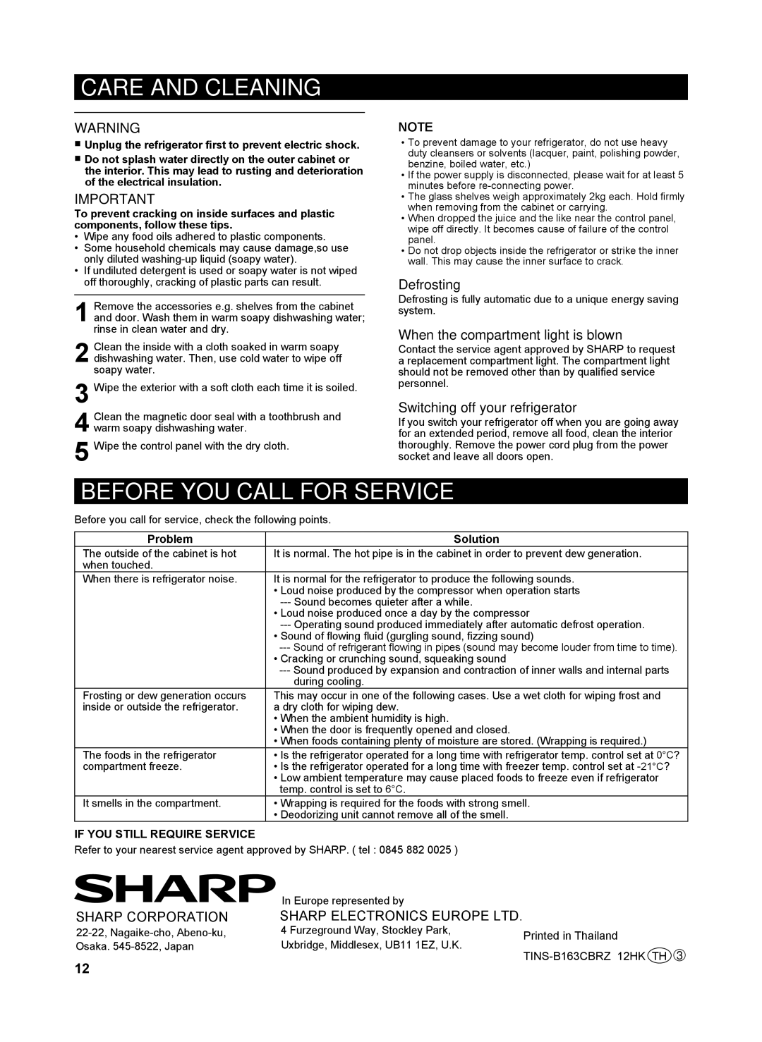 Sharp SJ-WS363T Care and Cleaning, Before YOU Call for Service, Defrosting, When the compartment light is blown 