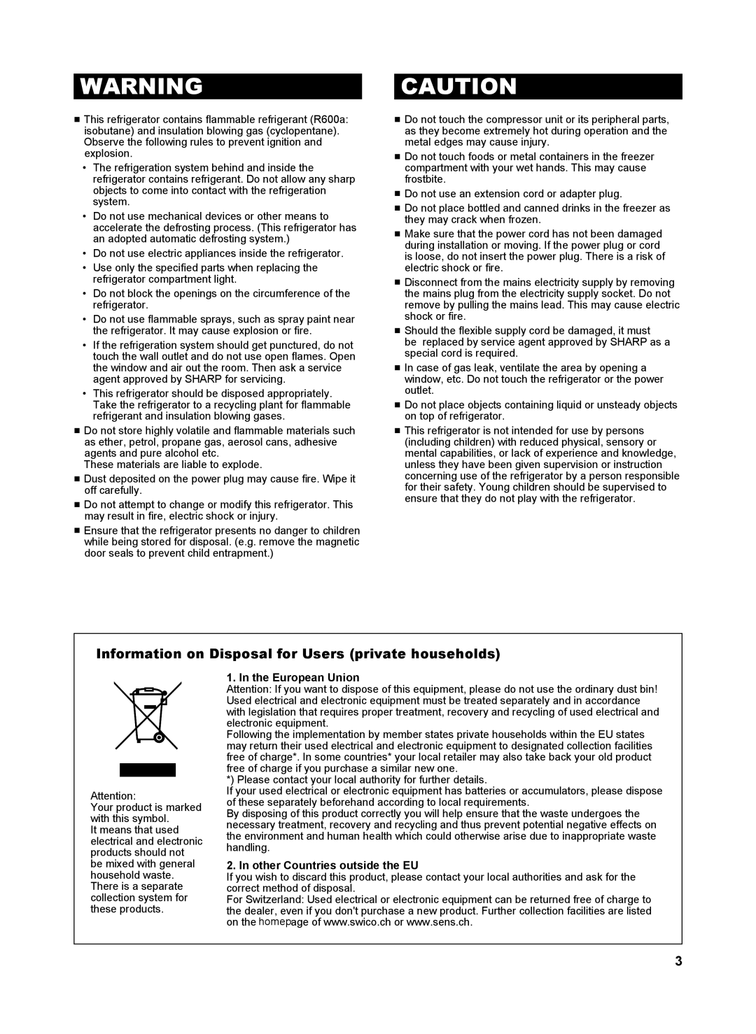 Sharp SJ-WS363T Information on Disposal for Users private households, European Union, Other Countries outside the EU 