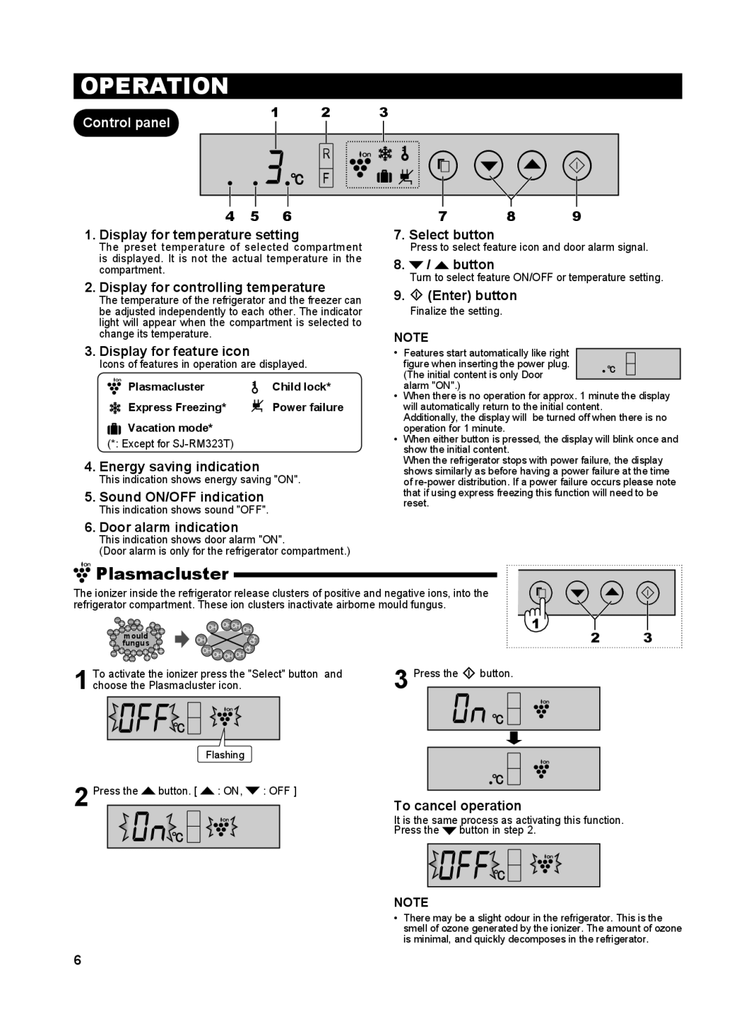 Sharp SJ-WS363T operation manual Operation, Plasmacluster 