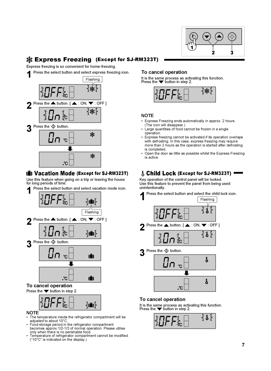 Sharp SJ-WS363T operation manual Express Freezing Except for SJ-RM323T, Child Lock Except for SJ-RM323T 