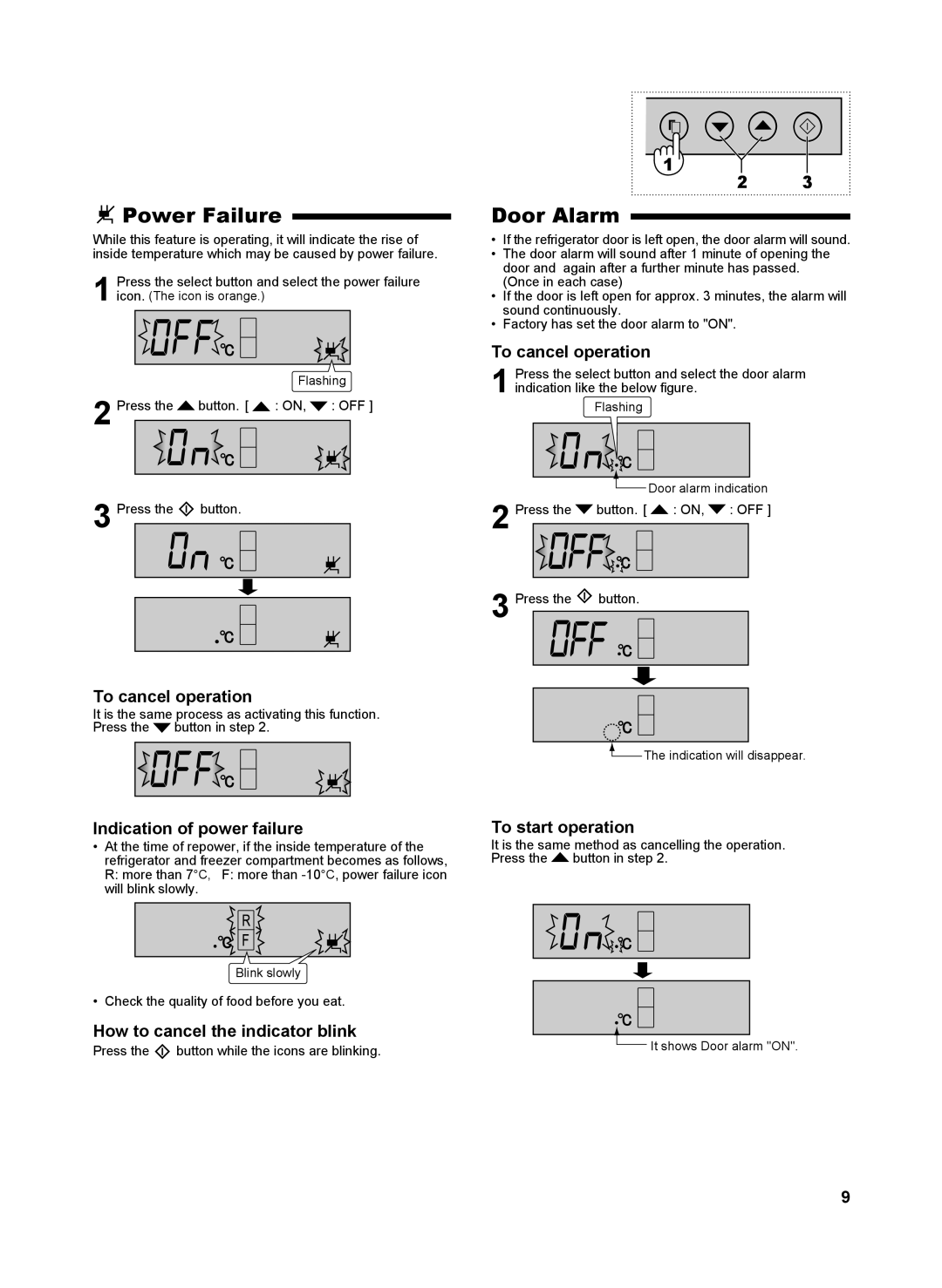 Sharp SJ-WS363T operation manual Power Failure Door Alarm, Indication of power failure, How to cancel the indicator blink 