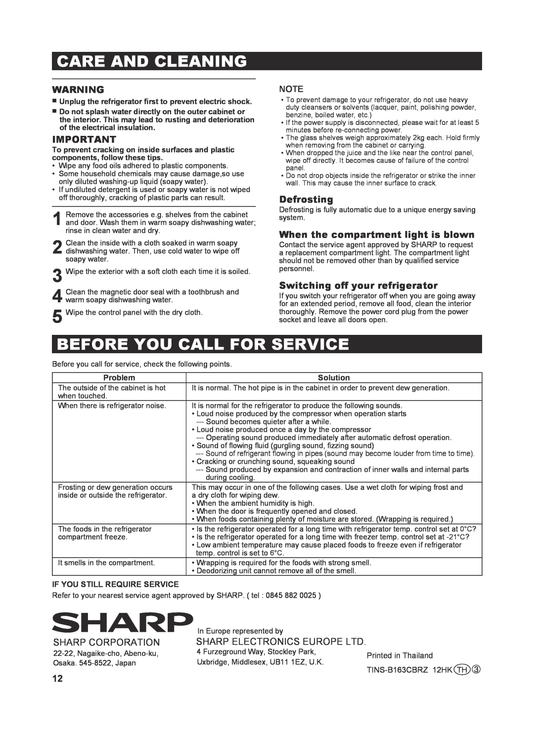 Sharp SJ-WS363T Care And Cleaning, Before You Call For Service, Defrosting, When the compartment light is blown, Problem 