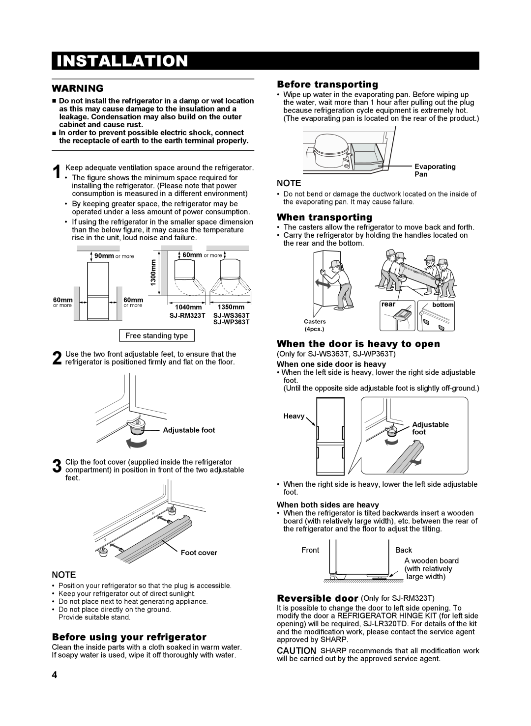 Sharp SJ-WS363T operation manual Installation, Before using your refrigerator, Before transporting, When transporting 