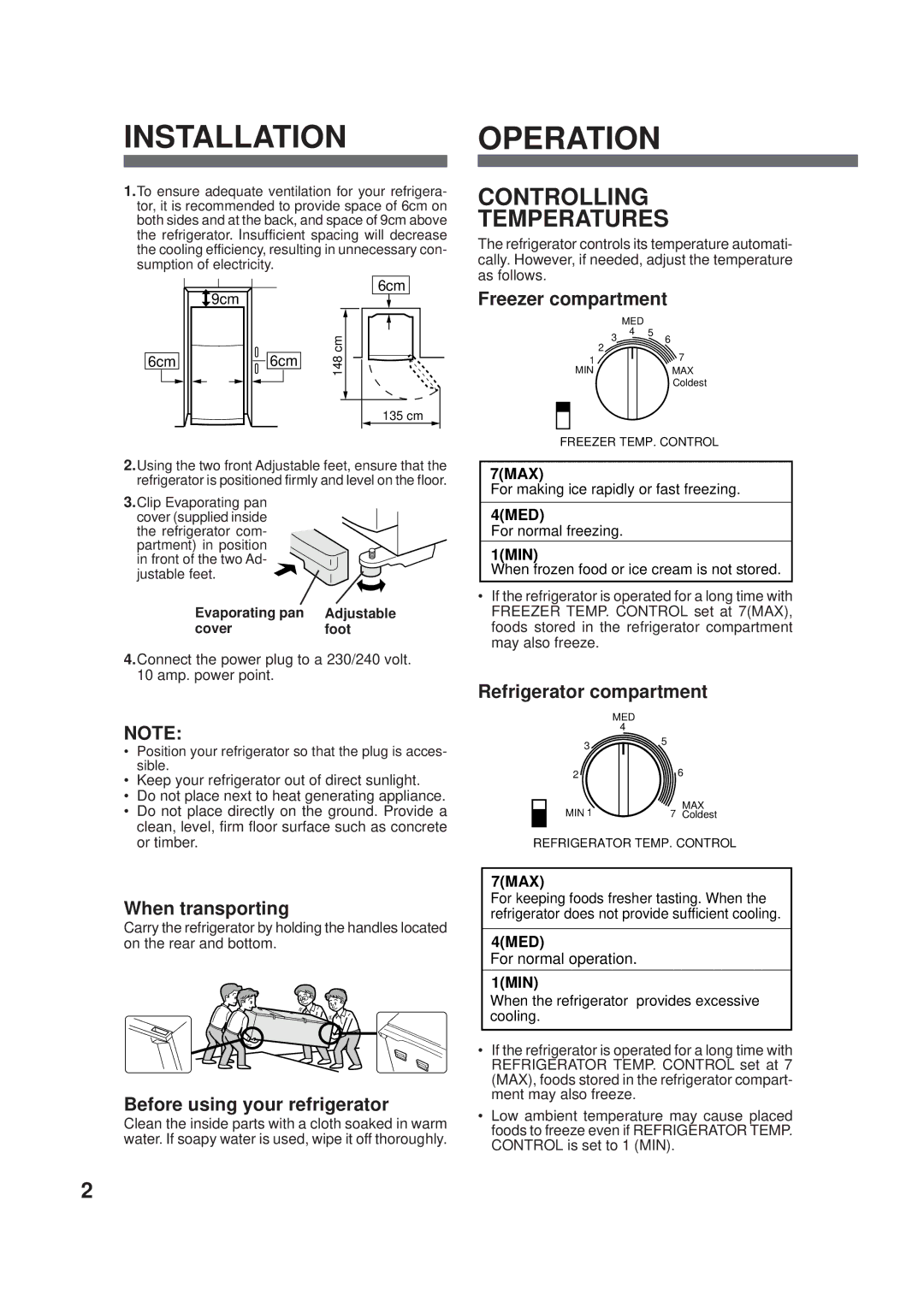 Sharp SJP560M, SJP600M, SJ600-M, SJ560M, SJP520M operation manual Installation Operation, Controlling Temperatures 