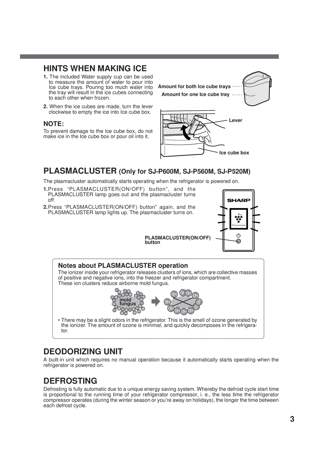 Sharp SJ560M Hints When Making ICE, Deodorizing Unit, Defrosting, Plasmacluster Only for SJ-P600M, SJ-P560M, SJ-P520M 