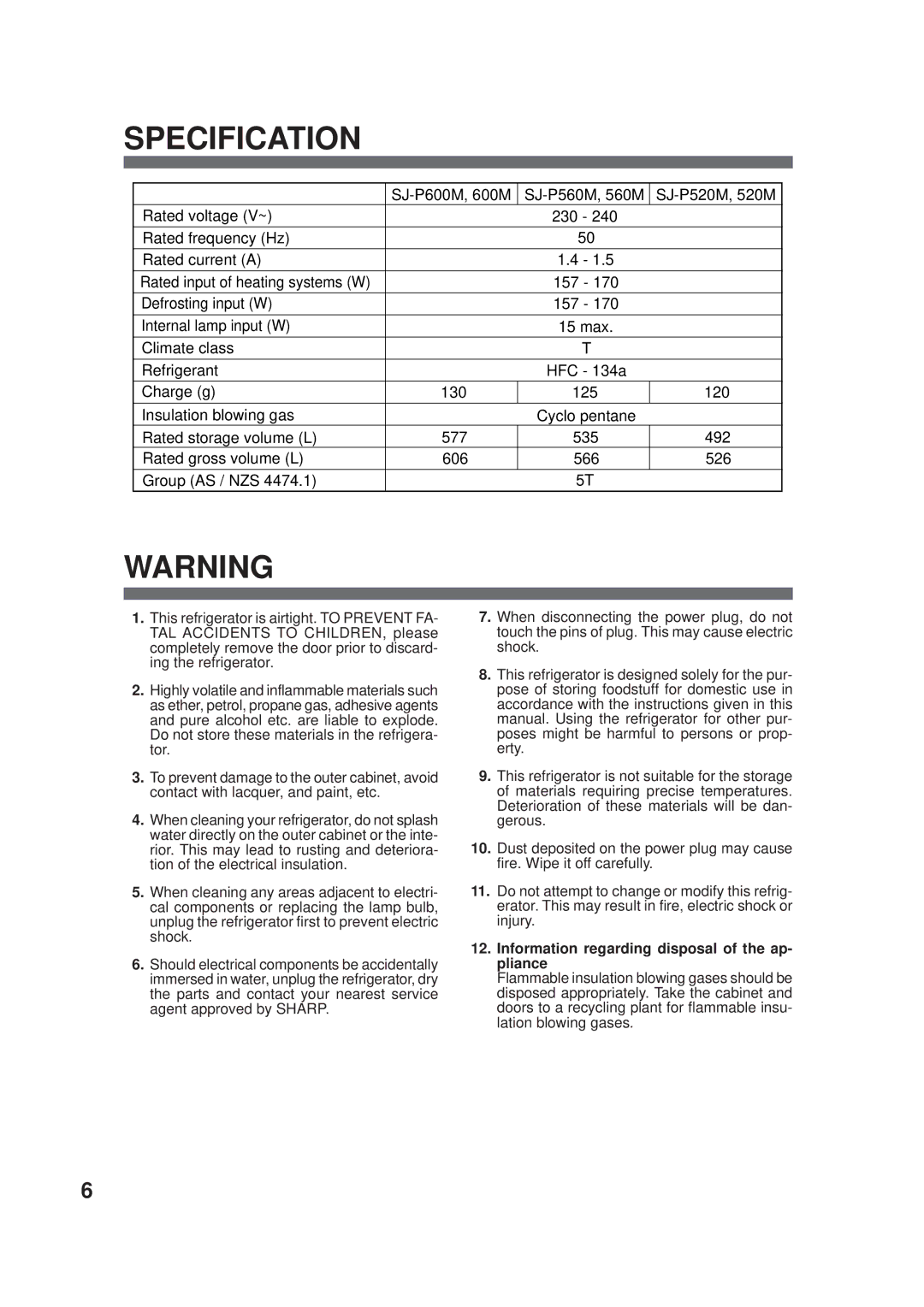 Sharp SJ600-M, SJP600M, SJP560M, SJ560M, SJP520M Specification, Information regarding disposal of the ap- pliance 