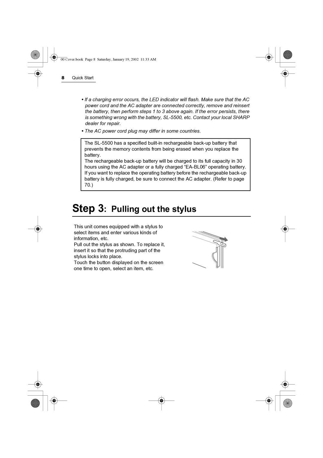 Sharp SL-5500 manual Pulling out the stylus 