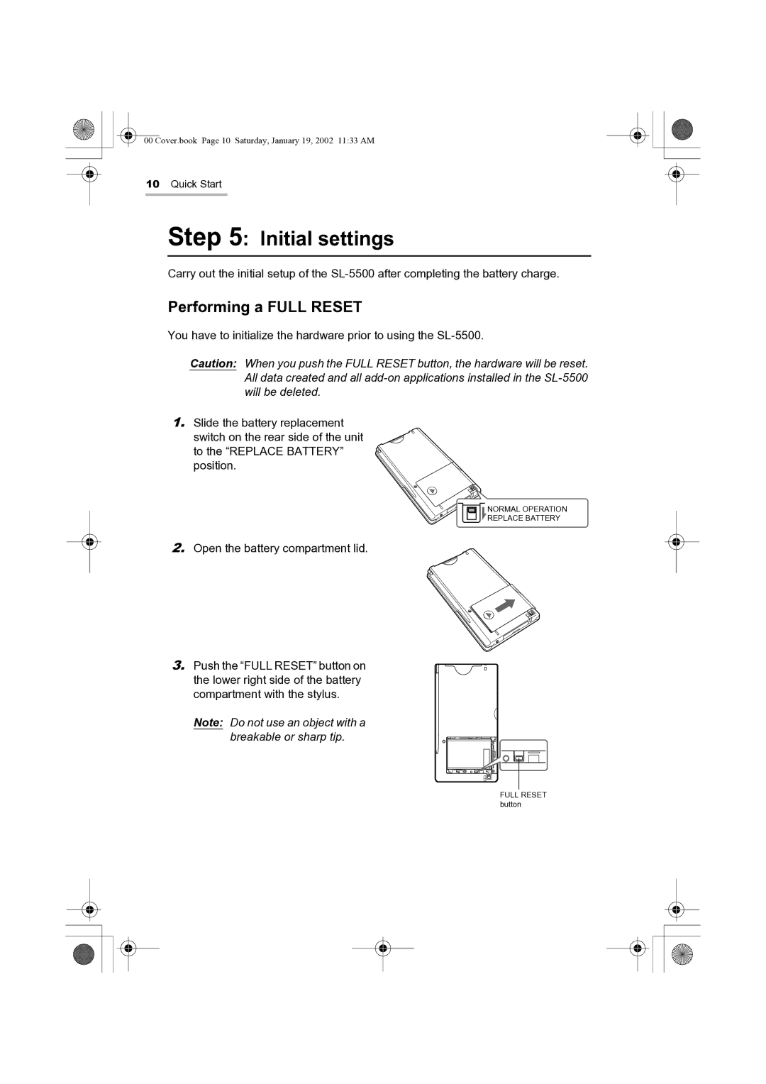 Sharp SL-5500 manual Initial settings, Performing a Full Reset 