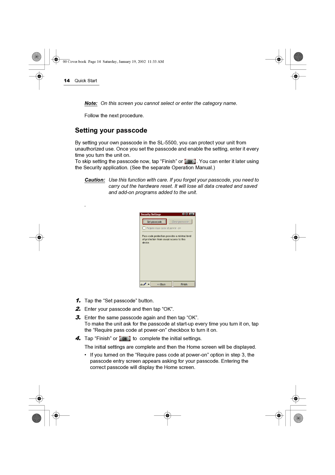 Sharp SL-5500 manual Setting your passcode 