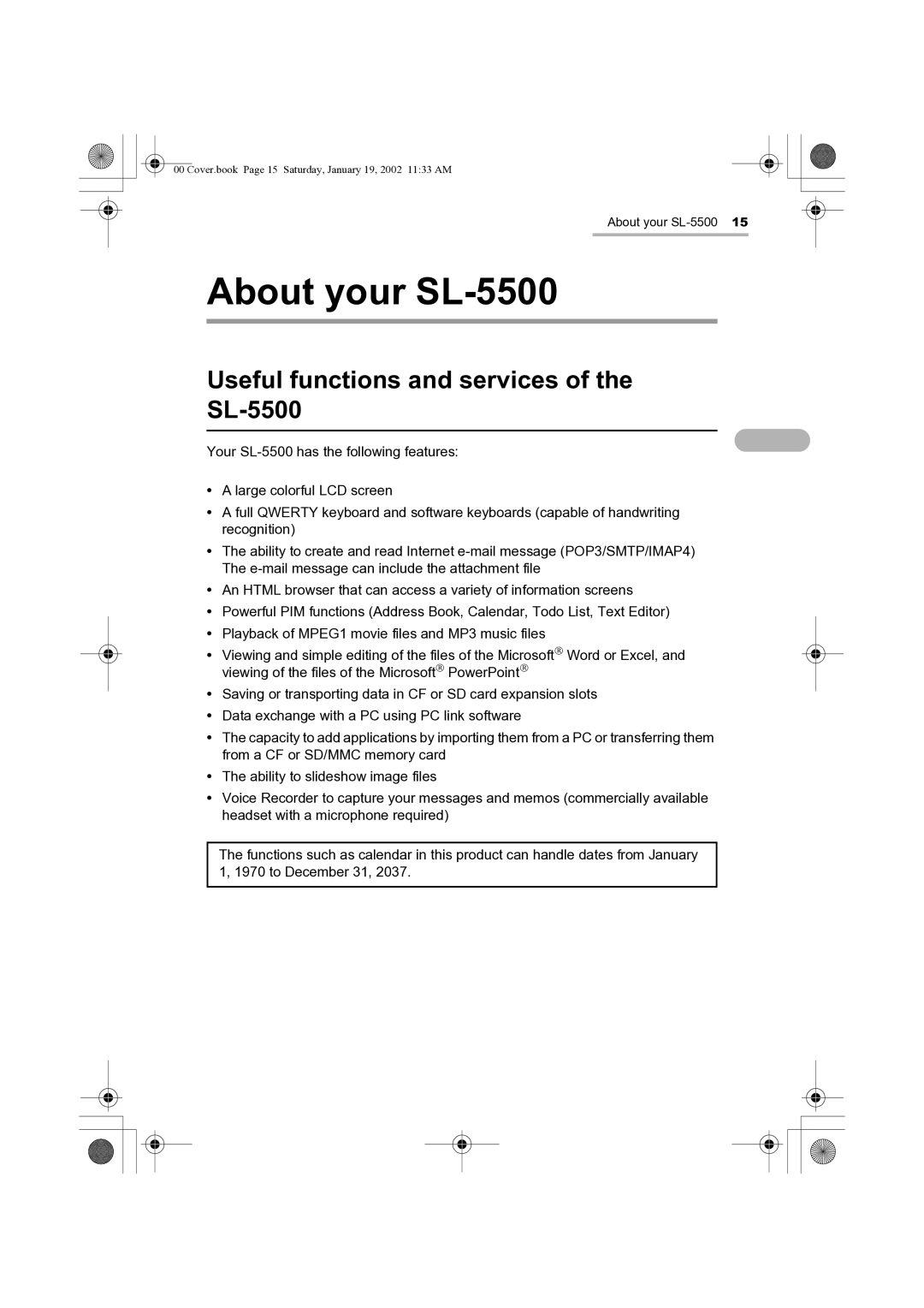 Sharp manual About your SL-5500, Useful functions and services SL-5500 