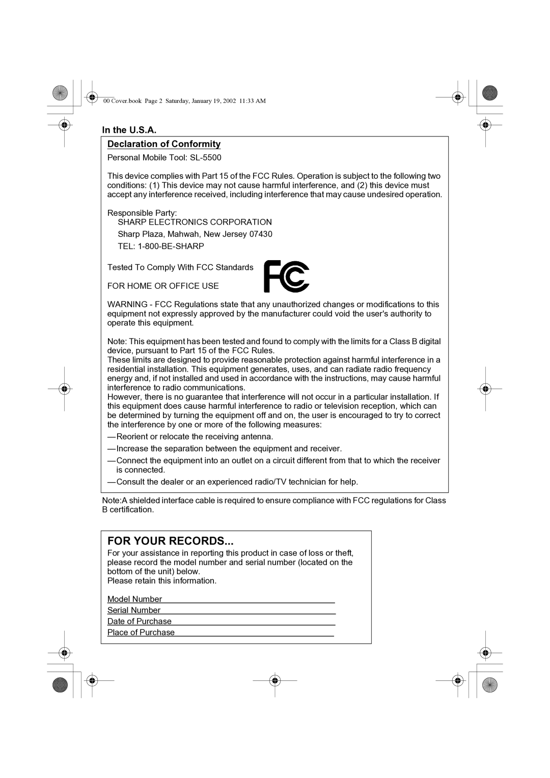 Sharp manual U.S.A Declaration of Conformity, Personal Mobile Tool SL-5500 