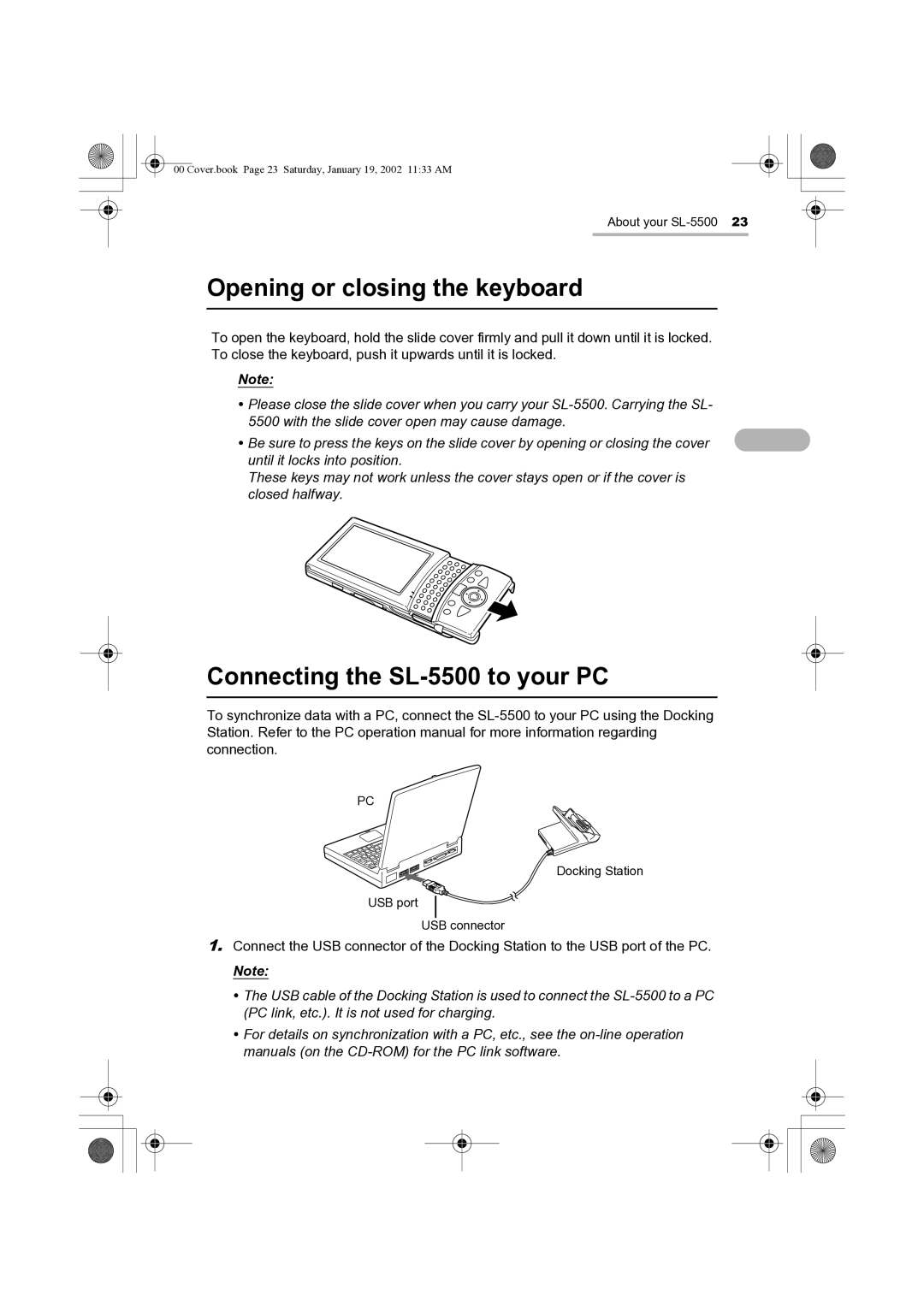 Sharp manual Opening or closing the keyboard, Connecting the SL-5500 to your PC 