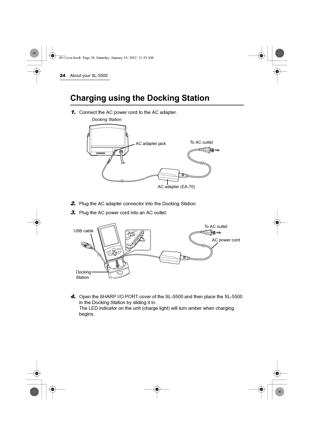 Sharp SL-5500 manual Charging using the Docking Station 