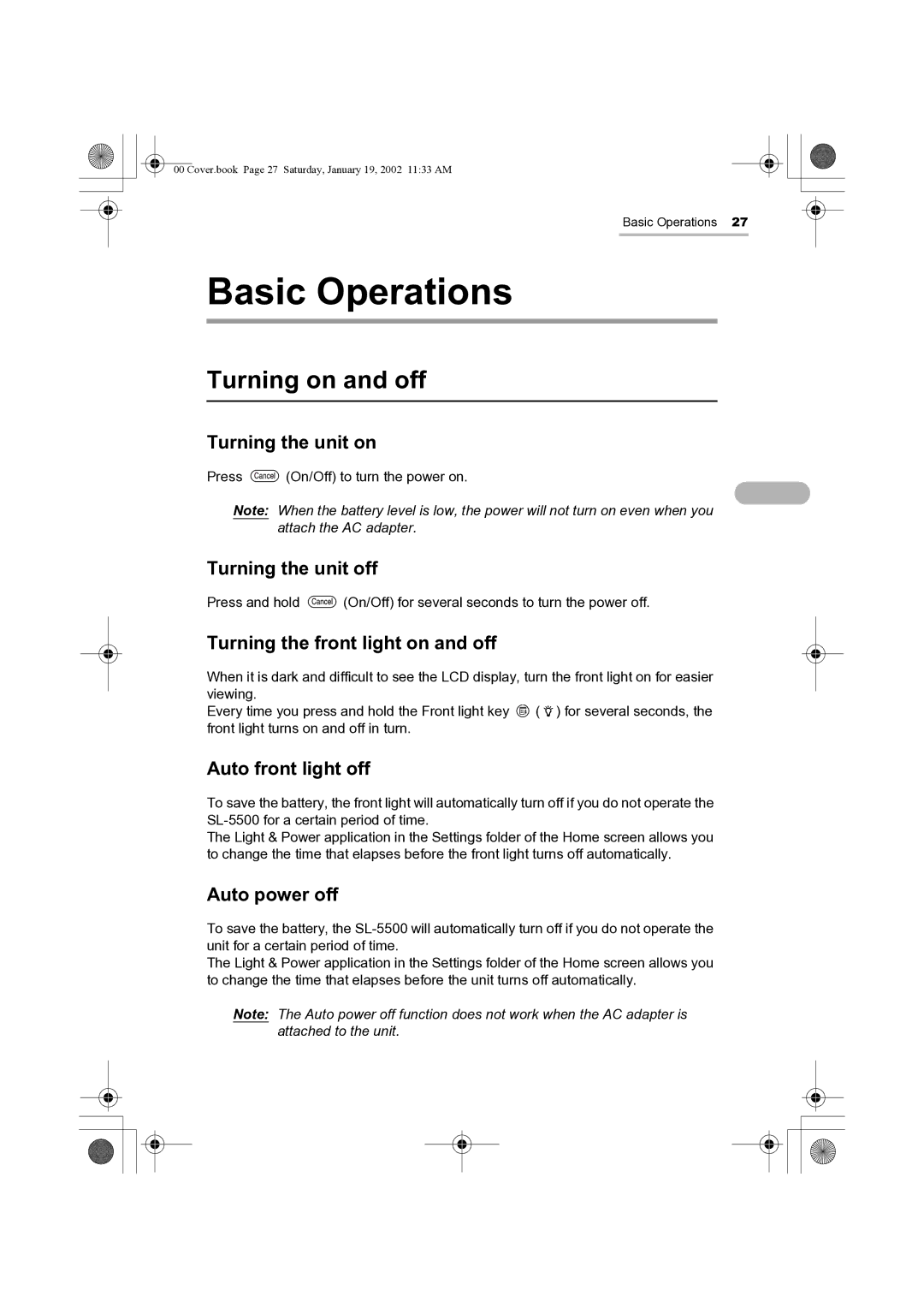 Sharp SL-5500 manual Basic Operations, Turning on and off 