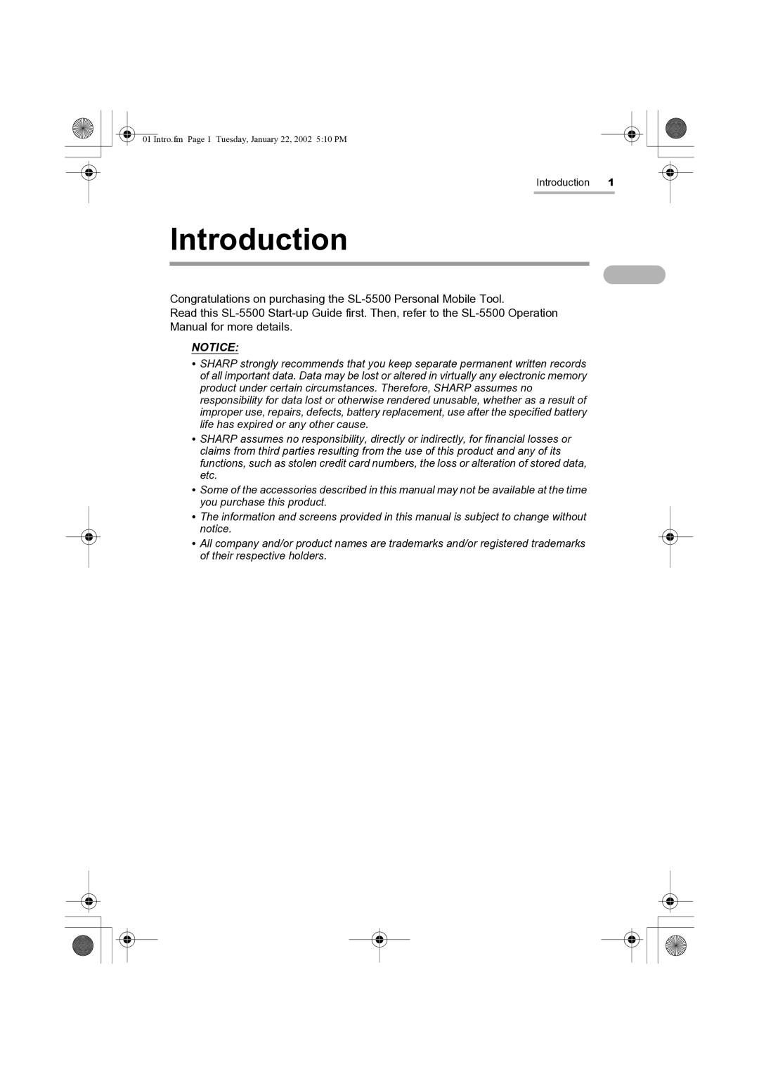 Sharp SL-5500 manual Introduction 