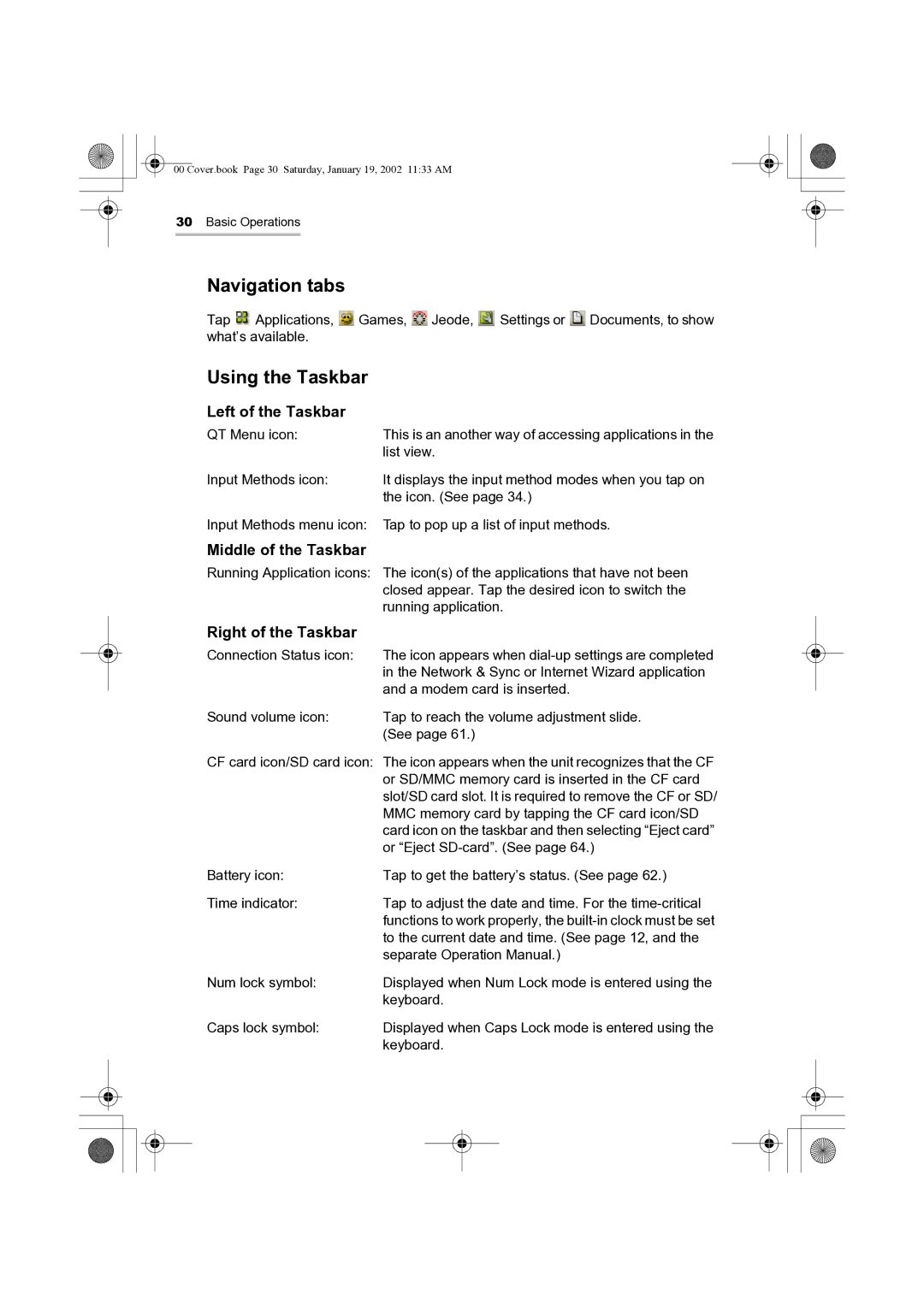 Sharp SL-5500 manual Navigation tabs, Using the Taskbar, Left of the Taskbar, Middle of the Taskbar, Right of the Taskbar 