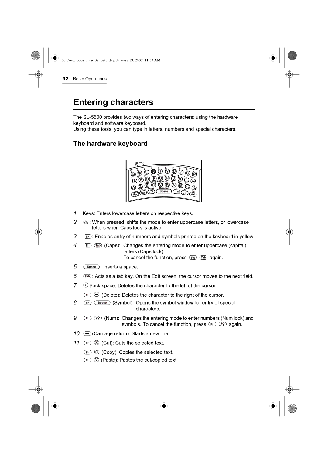 Sharp SL-5500 manual Entering characters, Hardware keyboard 