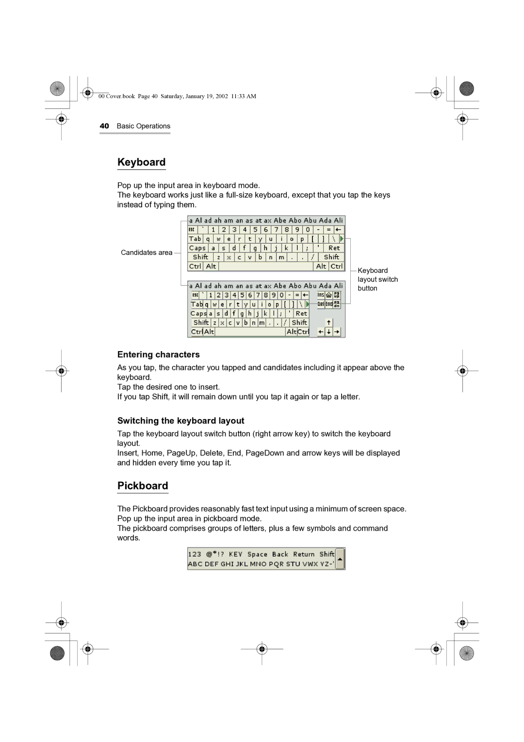 Sharp SL-5500 manual Keyboard, Pickboard, Entering characters, Switching the keyboard layout 