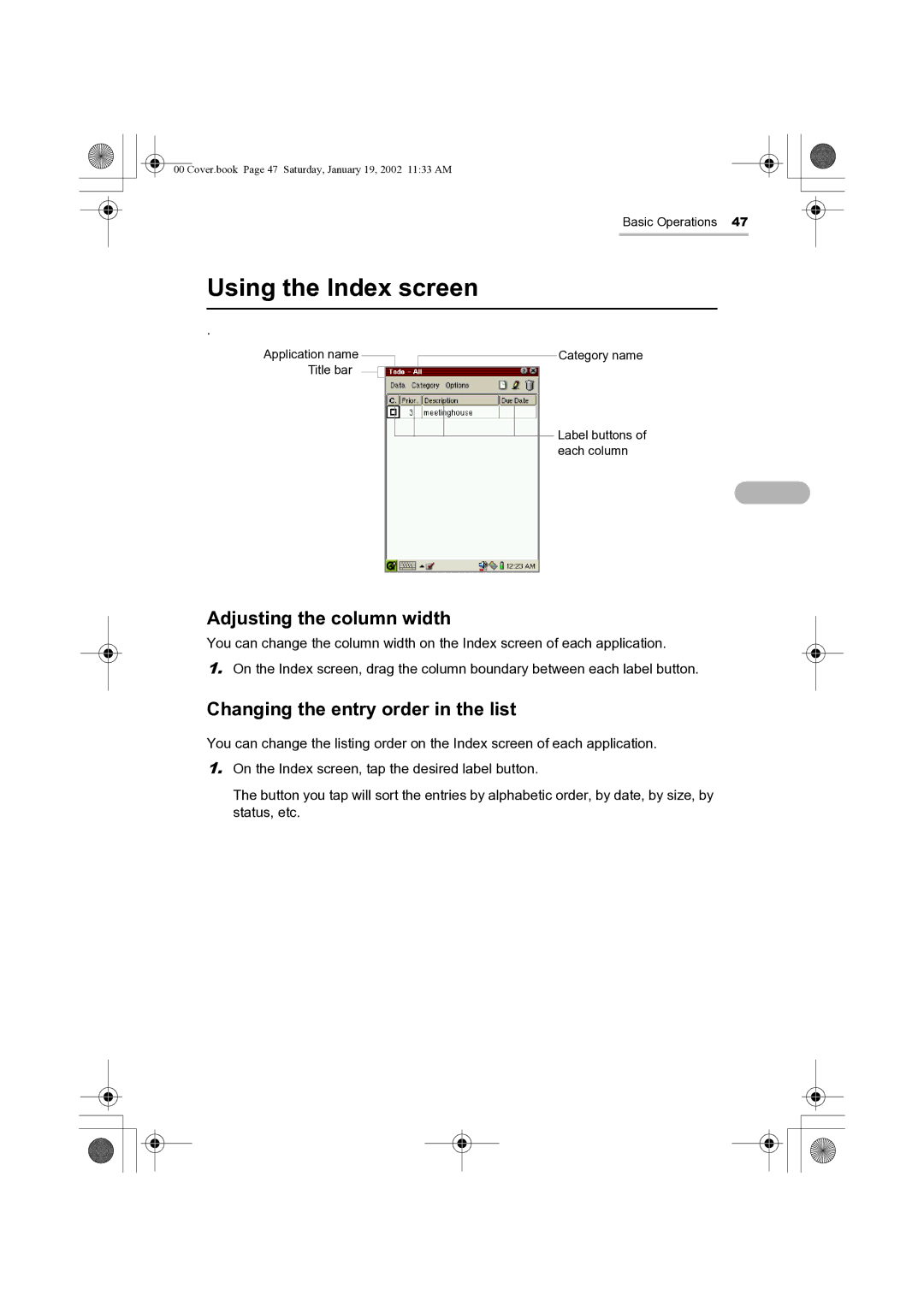 Sharp SL-5500 manual Using the Index screen, Adjusting the column width, Changing the entry order in the list 