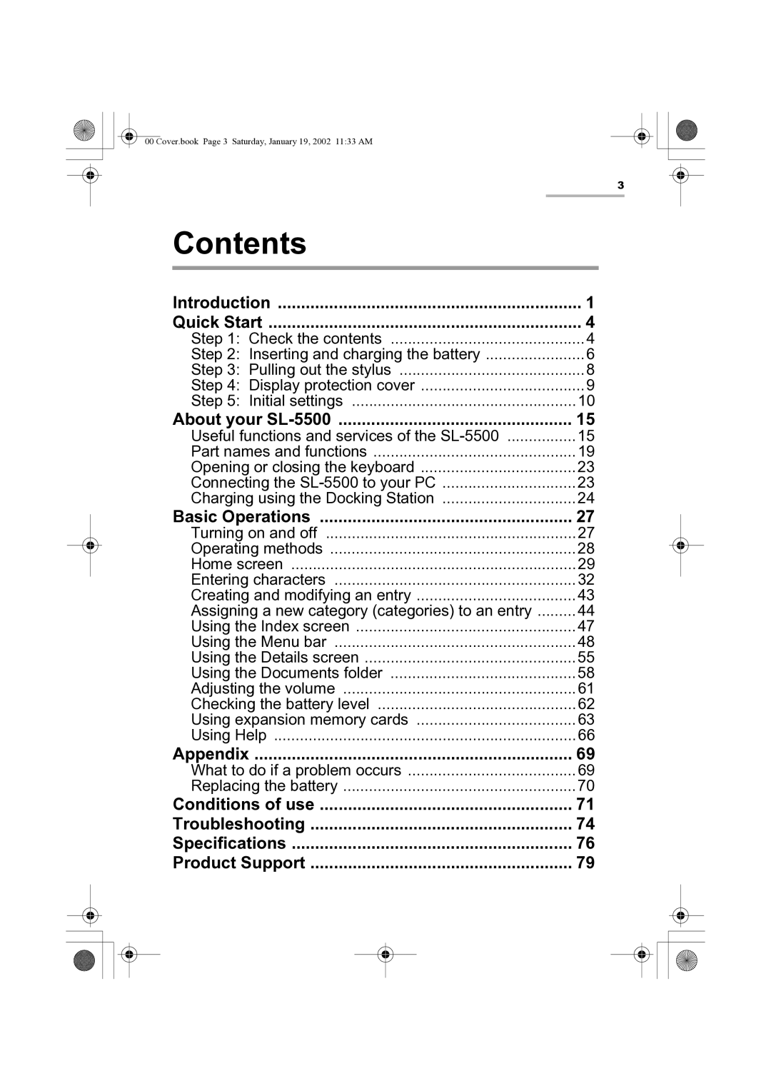 Sharp SL-5500 manual Contents 